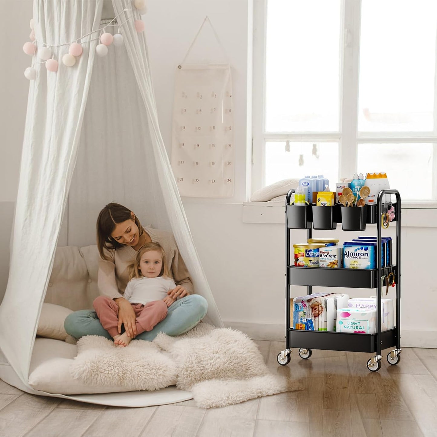 YASONIC 3-Tier Rolling Utility Cart - Heavy-Duty Metal Storage Organizer with Wheels & Hooks | Perfect for Kitchen & Office