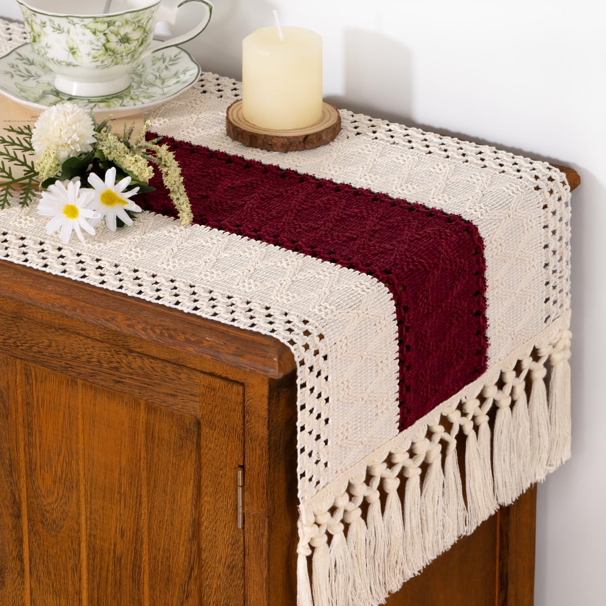 Socomi Boho Table Runner Easter Spring Farmhouse Rustic Dining Kitchen Centerpiece Decor Small Macrame Woven Cotton Linen Coffee Table Runner for Dresser Scarf Home Decor 12x72 in Burgundy Ivory