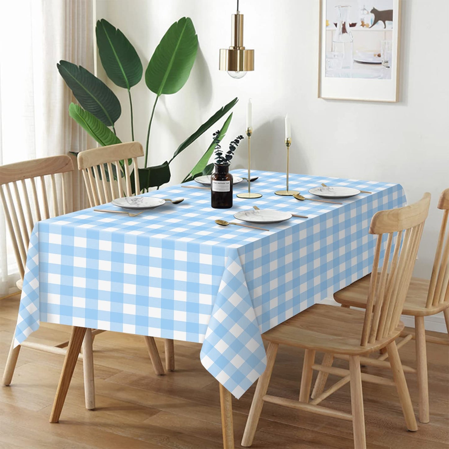 QIKSION Light Blue Gingham Tablecloth Disposable 2 Pack, 54 x 108 Inch Blue and White Checkered Table Cloth for Baby Shower, Easter Decorations, Birthday Party, Rectangle, Plastic Table Cover