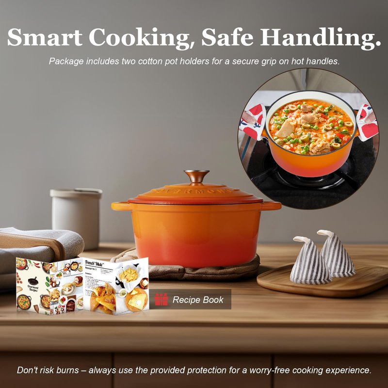 Overmont Enameled Cast Iron Dutch Oven - 7QT Pot with Lid Cookbook & Cotton Potholders - Heavy-Duty Cookware for Braising, Stews, Roasting, Sourdough Baking orange