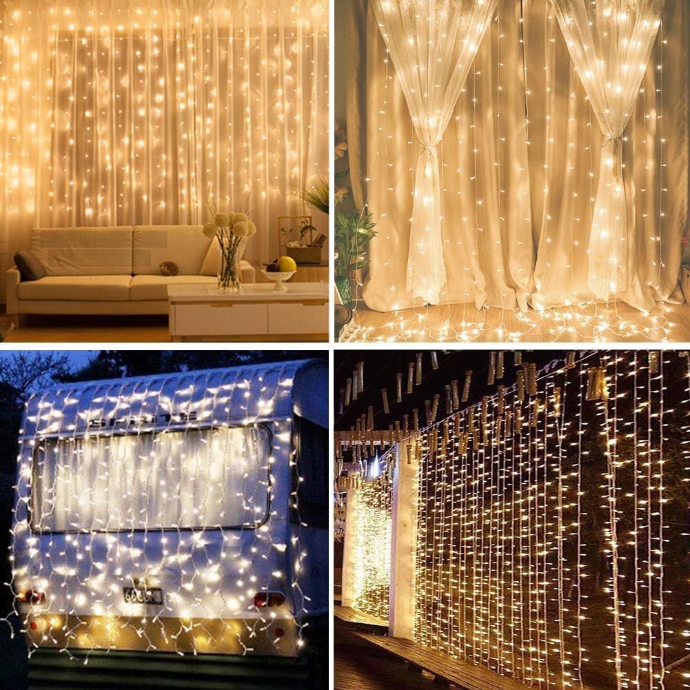 300 LED Twinkle Star Curtain String Lights - Warm White for Wedding, Home & Garden Decor