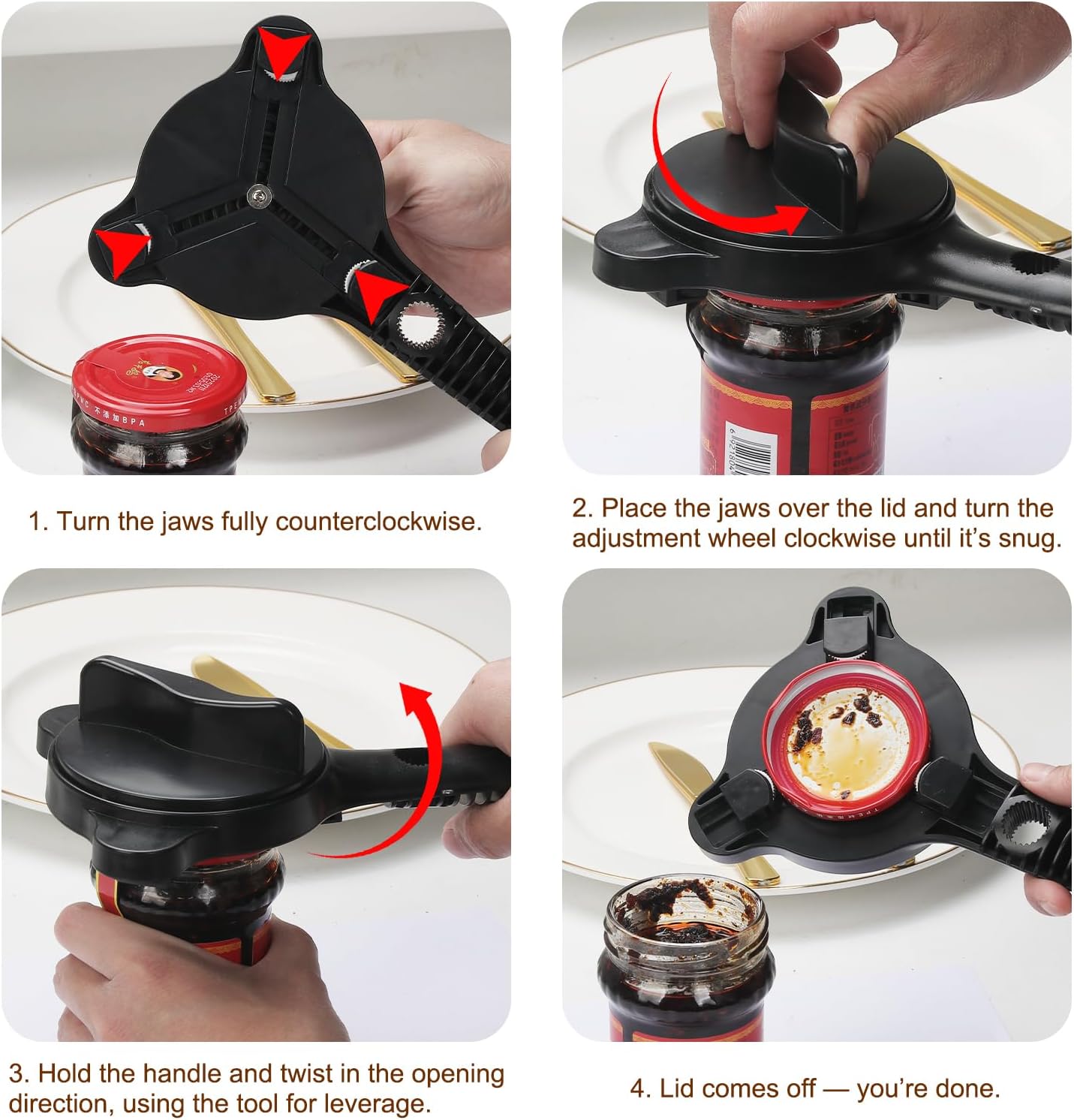 Skiennix 4-in-1 Jar Opener - Adjustable Lid Tool with Non-Slip Grip & Magnetic Hook | Ideal for Seniors & Arthritis