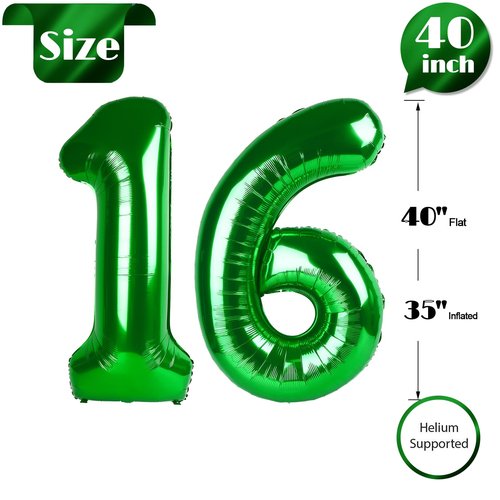 Dark Green Number 16 Balloon 40 Inch, 16th Birthday Party Decorations for Children, Giant 16 Foil Balloon for Party Supplies