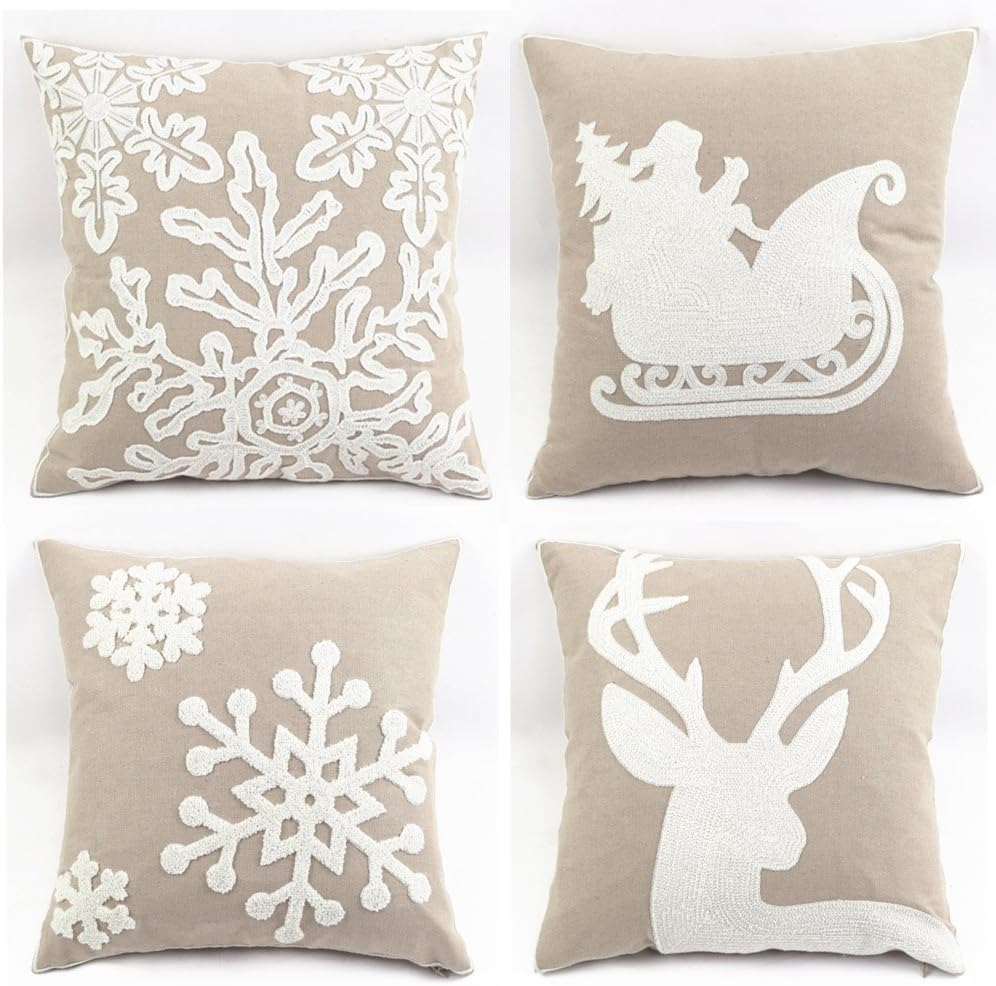 Christmas Pillow Cover 18x18 - Embroidered Sleigh & Snowflakes - Winter Decorative Cushion for Sofa & Bed