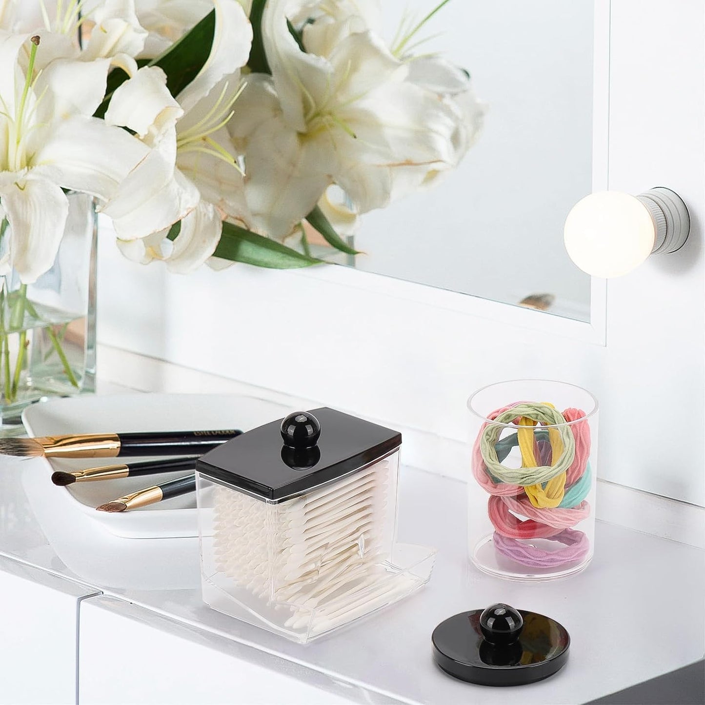 Tbestmax Cotton Ball Holder - 10oz Apothecary Jar Organizer for Bathroom | Stylish Black Lid