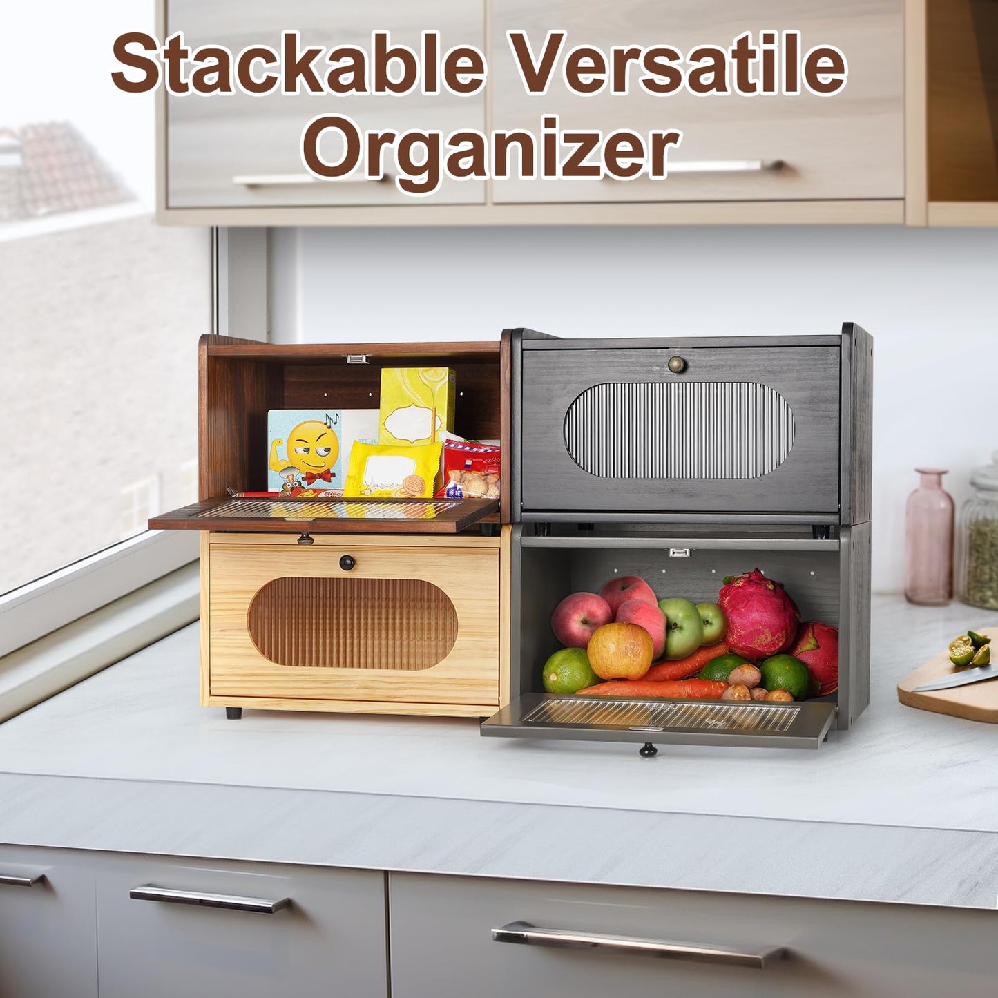 Sunhoo Bread Box for Kitchen Countertop Storage Wooden Breadbox Holder Container Morden Rustic Fresh Bread Keeper Farmhouse Stackable Organizer Bin for Homemade Food Shelf Acrylic Window (Black)