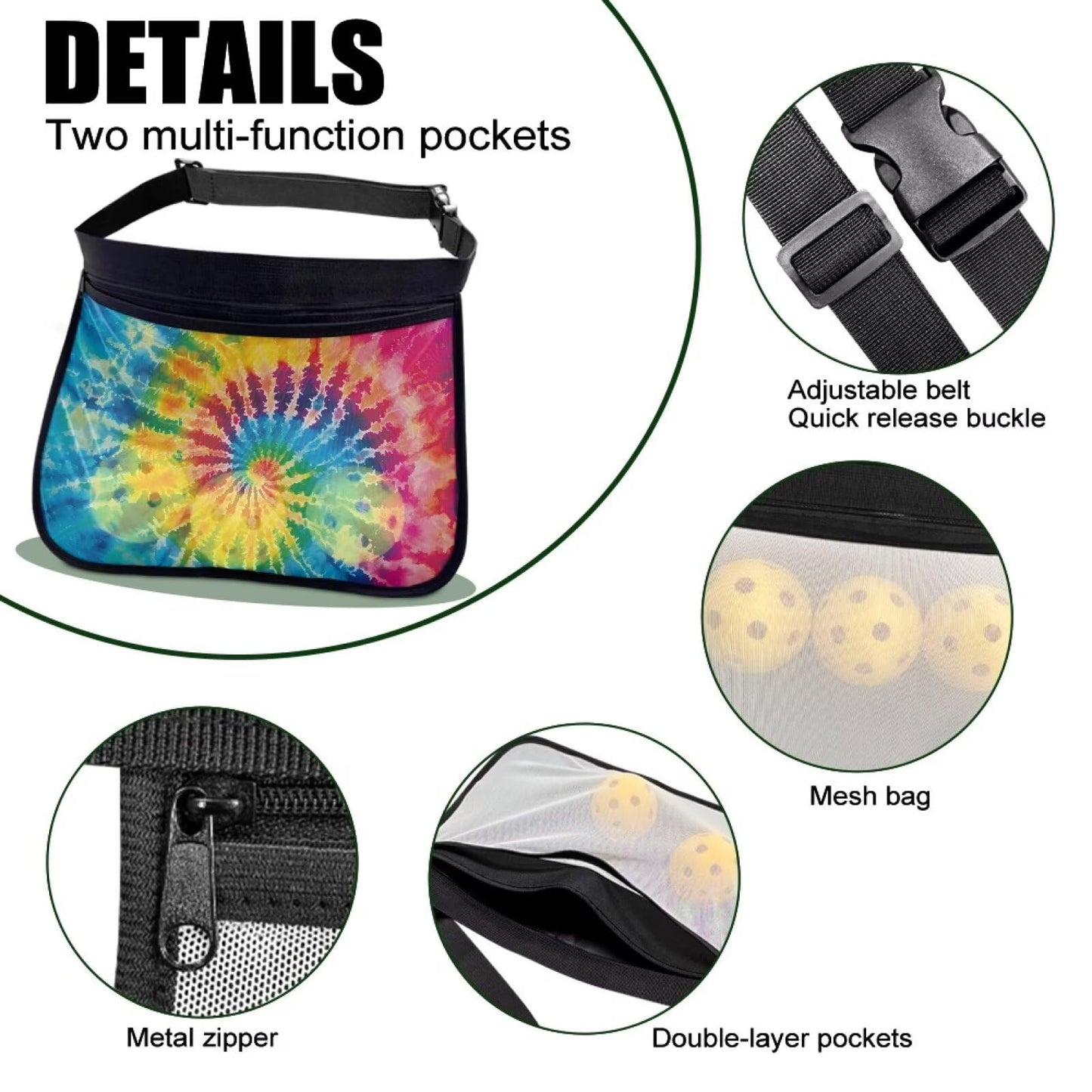 Kathyboom Tennis Ball Holder Rainbow Tie Dye Pickleball Waist Bag with No-Slip Belt, Holds 8-10 Balls for Pickleball, Golf, Running, Hands-Free