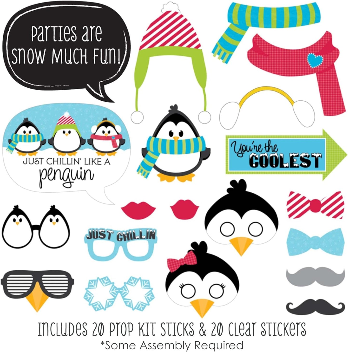 Holly Jolly Penguin Christmas Photo Booth Props Kit - 20 Fun Holiday Accessories