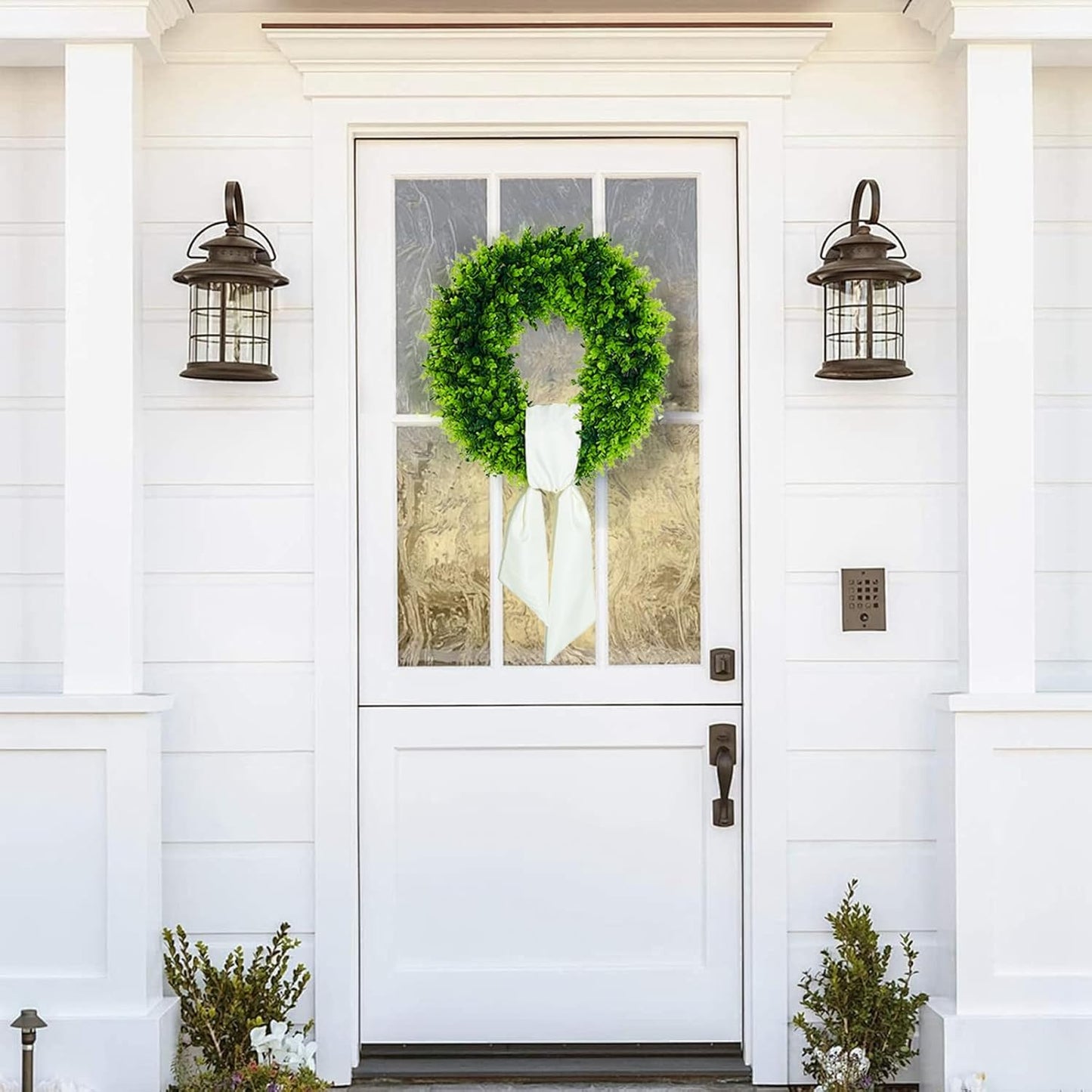 Regine Switzerland 24" Boxwood Wreath - Preserved Greenery with Sash | Perfect Summer Front Door Decor