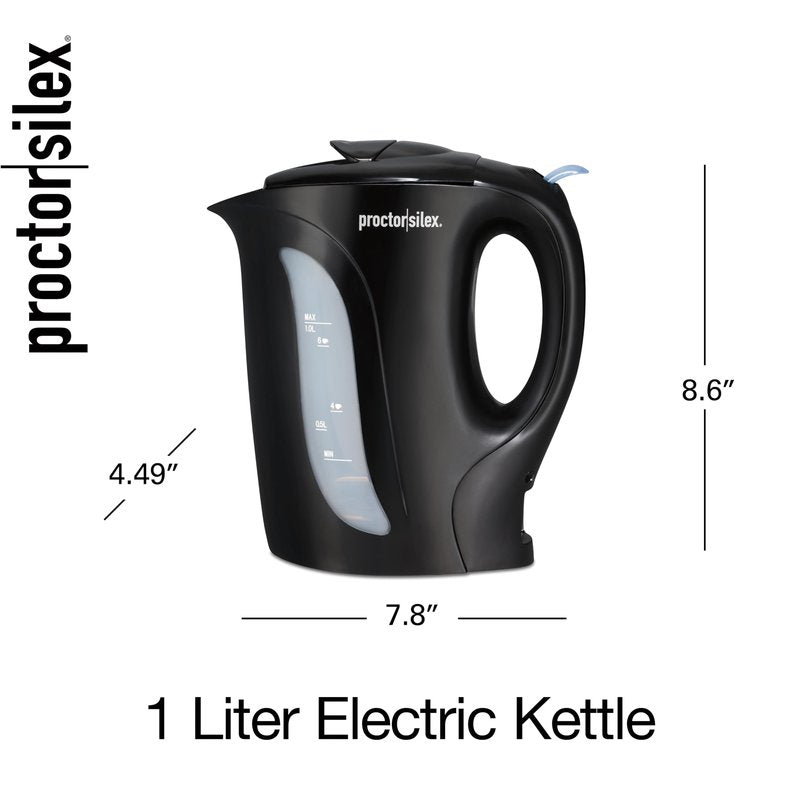 Proctor Silex Electric Tea Kettle, Water Boiler & Heater Auto-Shutoff & Boil-Dry Protection, 1000 Watts for Fast Boiling, 1 Liter, Black (K2071PS)