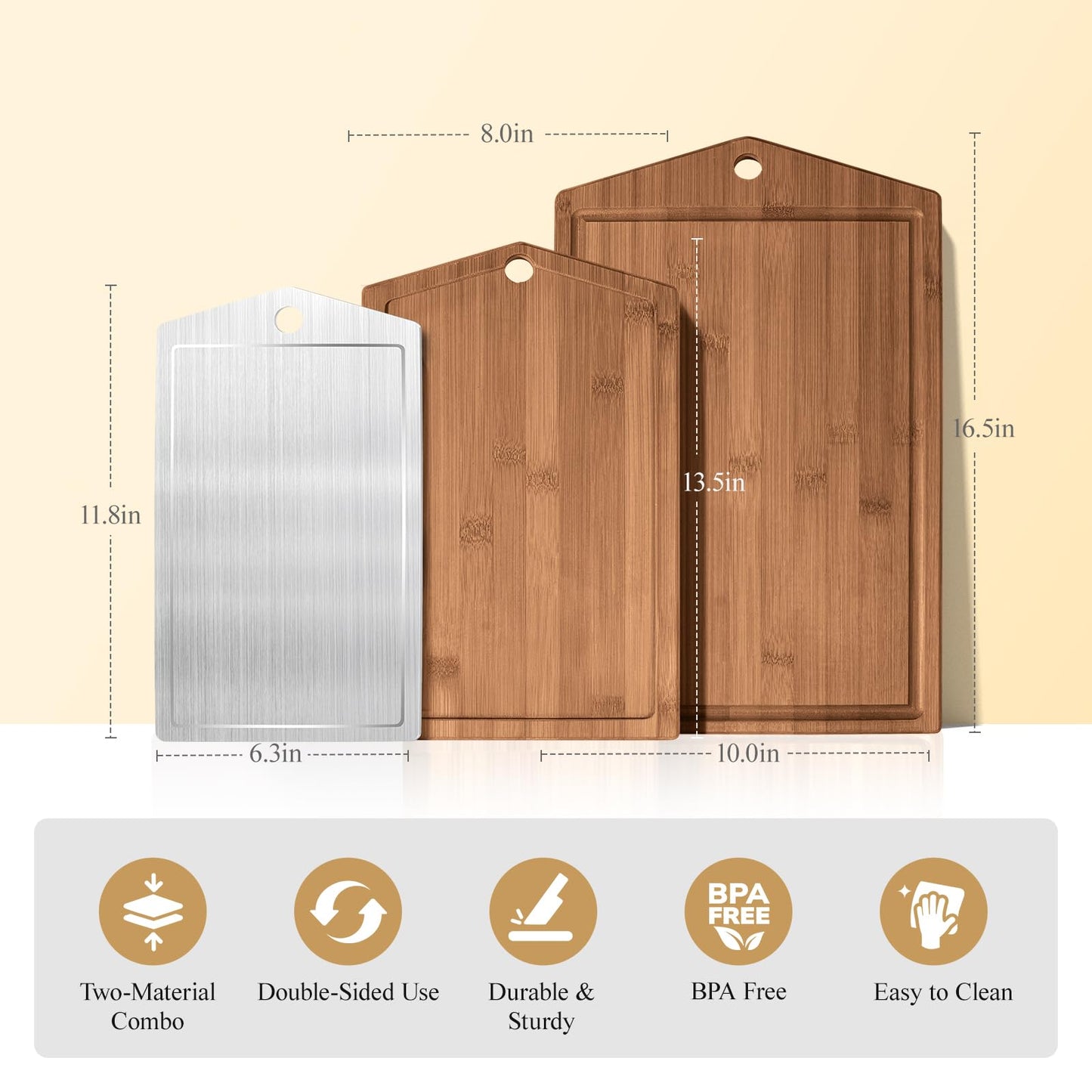 Maxboro Bamboo Cutting Board Set for Kitchen, Detachable Stainless Steel Design, Double Sided Chopping Boards with Deep Juice Well and Built-in Handles for Meal Prep and Serving, Ideal Kitchen Gift