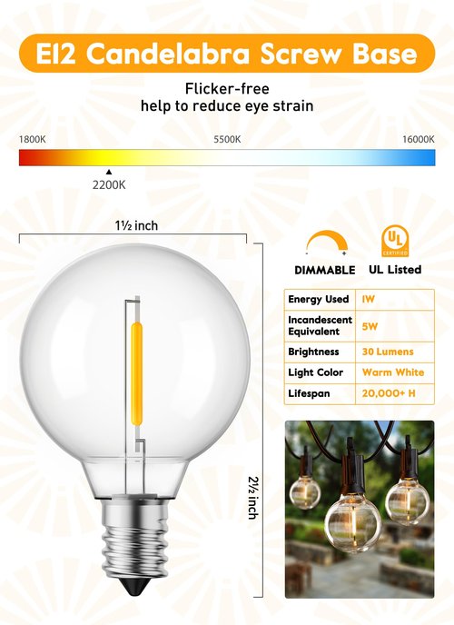 Brightown G40 Led Replacement Light Bulbs, 1W Shatterproof Globe Plastic Bulb Fits E12 or C7 Candelabra Screw Base, 1.5 Inch Dimmable Light Bulbs for Indoor Outdoor Patio Decor, Warm White, 50 Pack