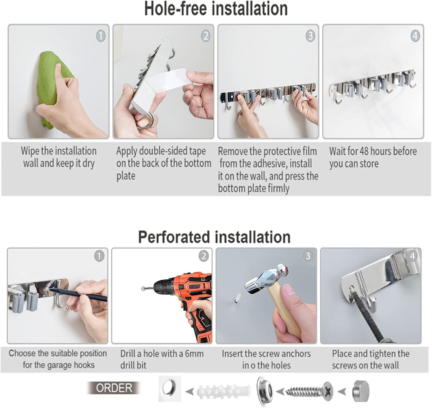 Stainless Steel Broom and Mop Holder | Wall Mounted Storage Rack with 2 Racks & 3 Hooks