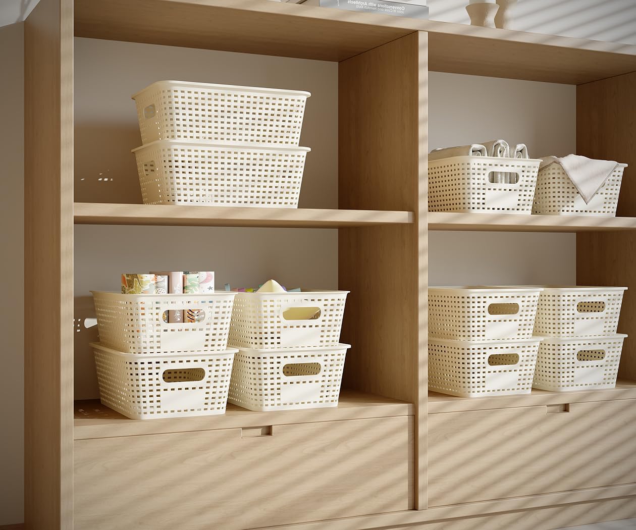 Resze Plastic Storage Baskets - 6 Pack with Lids | Breathable, Stackable Organizer Bins for Home & Office, White