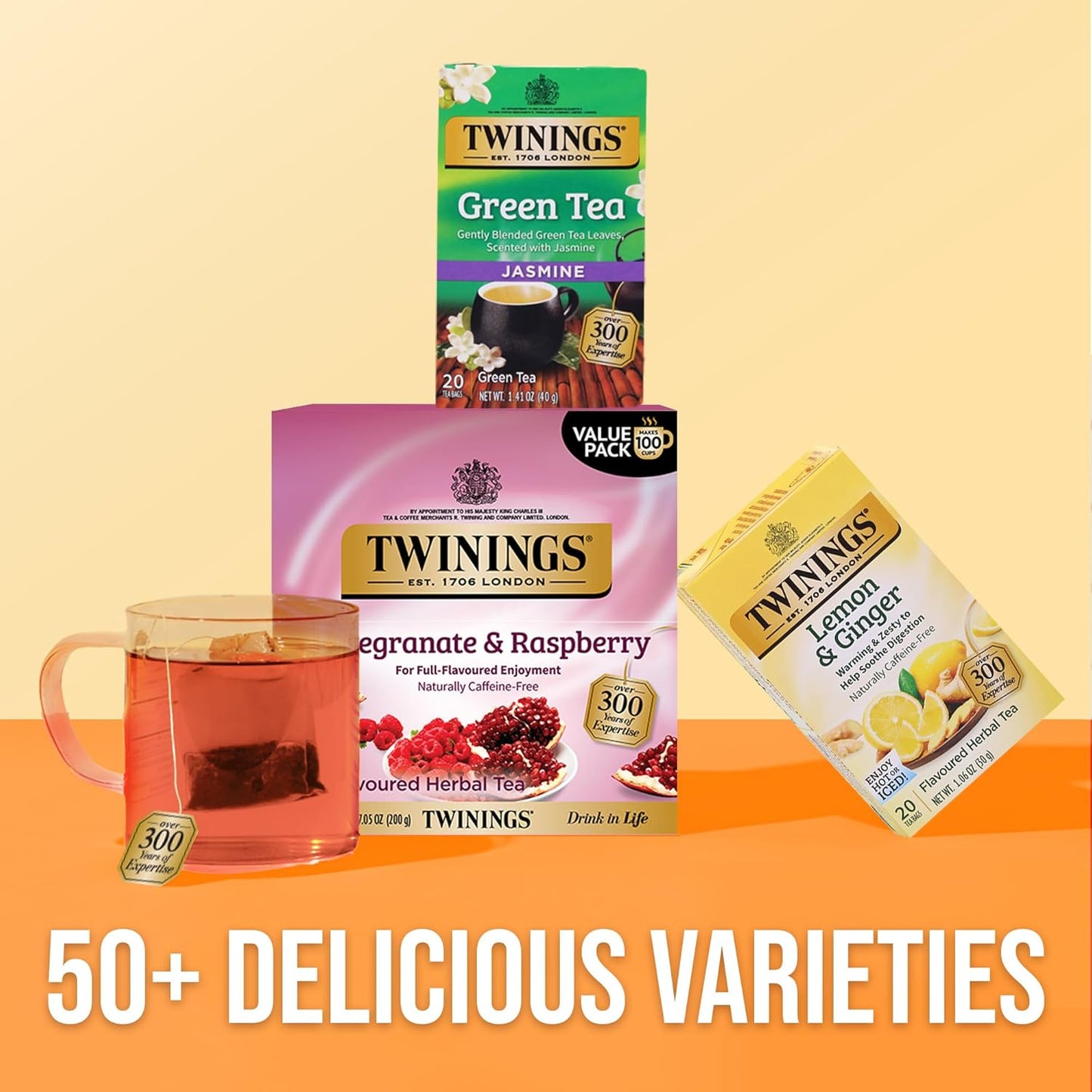 Twinings Pomegranate & Raspberry Herbal Tea - 100 Individually Wrapped Caffeine-Free Teabags | Enjoy Hot or Iced