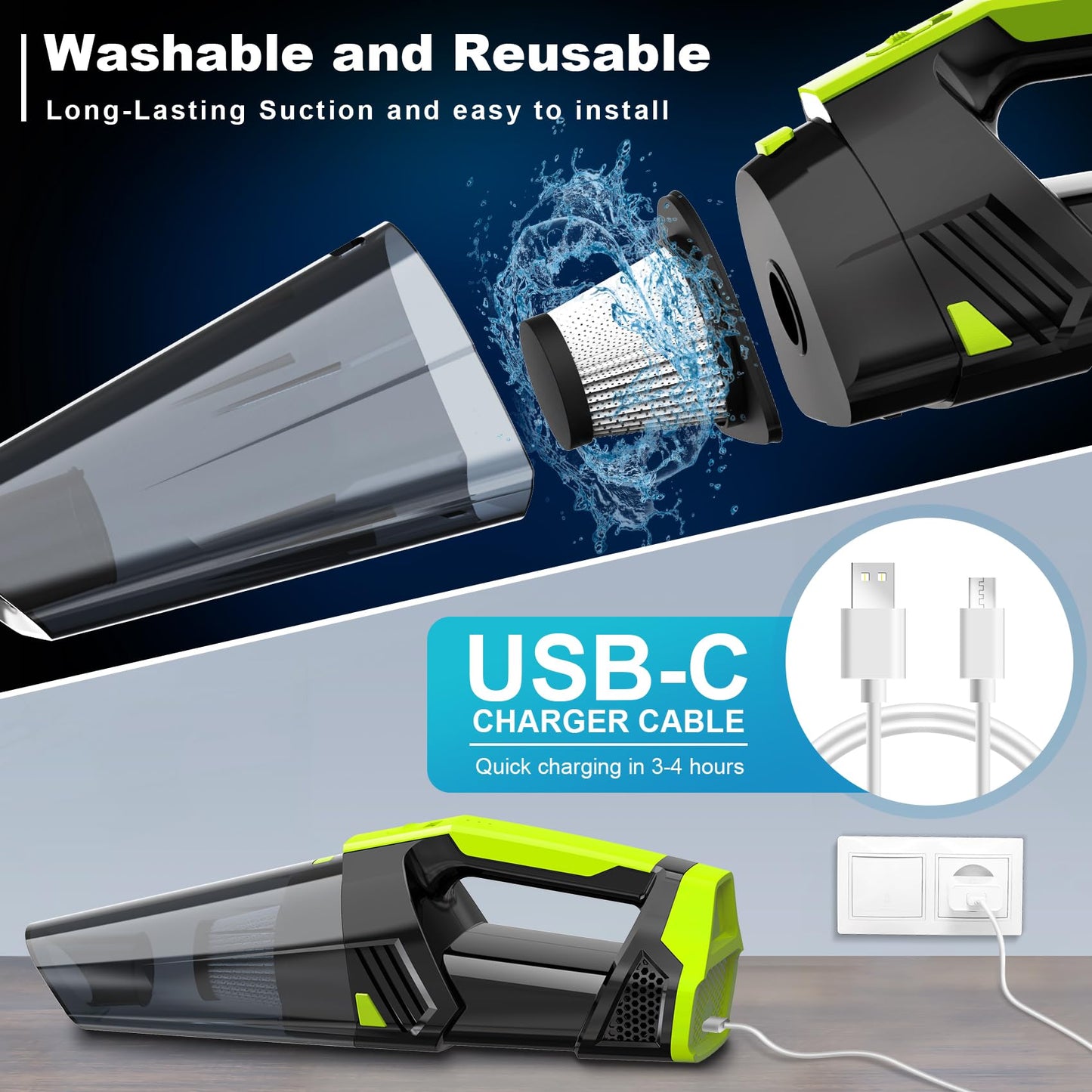 Cordless Car Vacuum Portable Handheld Vacuum with LED Light, High Power Suction, Lightweight Rechargeable Hand Vacuum, Hand Held Vacuum Cleaner for Car Home Office, Pet Hair, BlackBlue