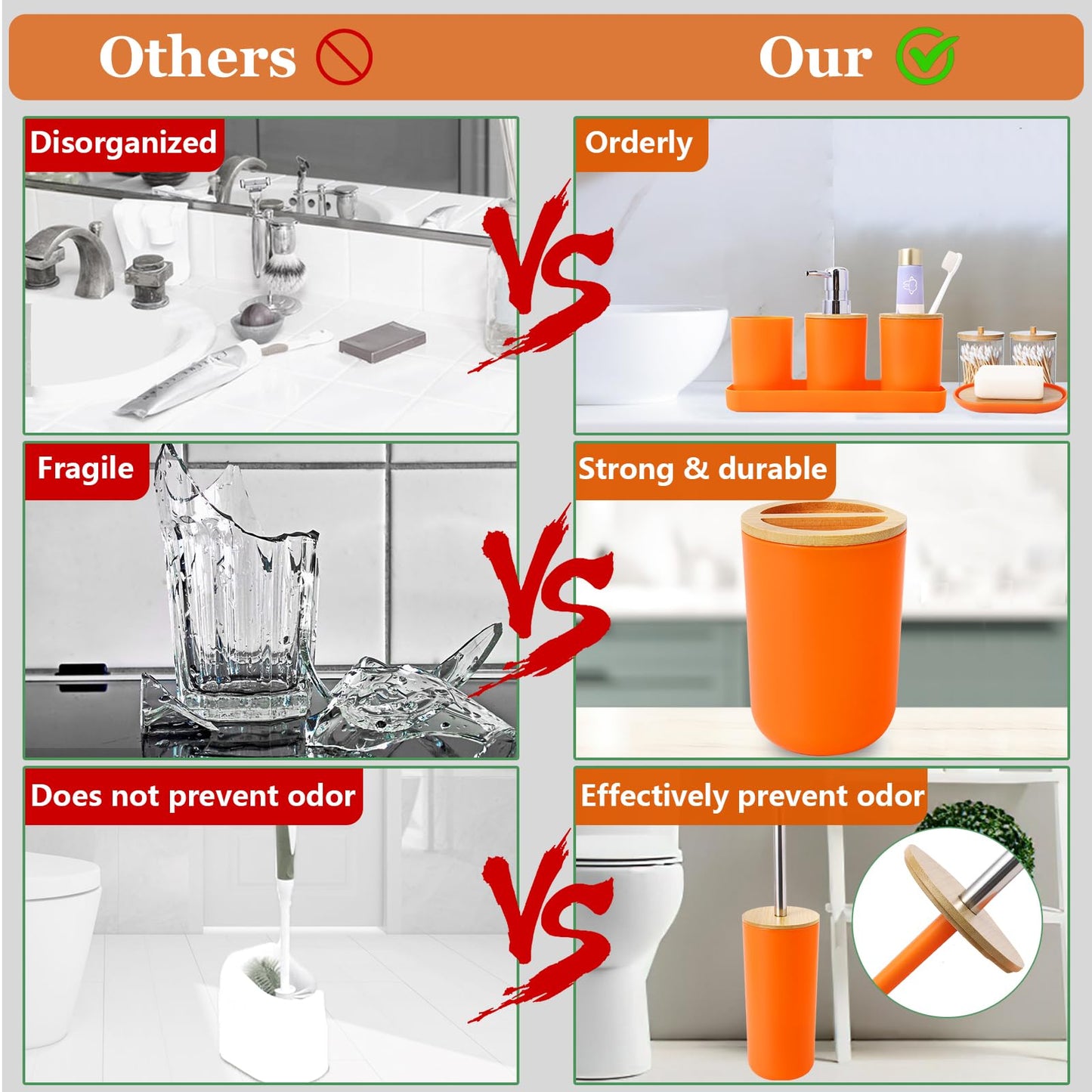 SLDIYWOW 9 Pieces Orange Bathroom Accessory Set, Plastic Bathroom Accessories Set with Trash Can,Soap Dispenser,Toothbrush Holder,Toothbrush Cup,Soap Dish,Toilet Brush and Q-tip Holders for Bathroom