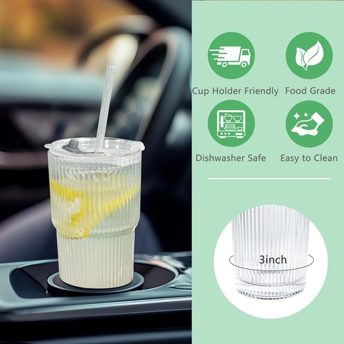 Icesip 20 oz 4 Pcs Glass Cups with Lids and Straws Ribbed Iced Coffee Glasses Tumbler Vintage Drinking Glasses Set of 4 for Tea Juice Soda Smoothie(Ribbed A*4 with Lid)