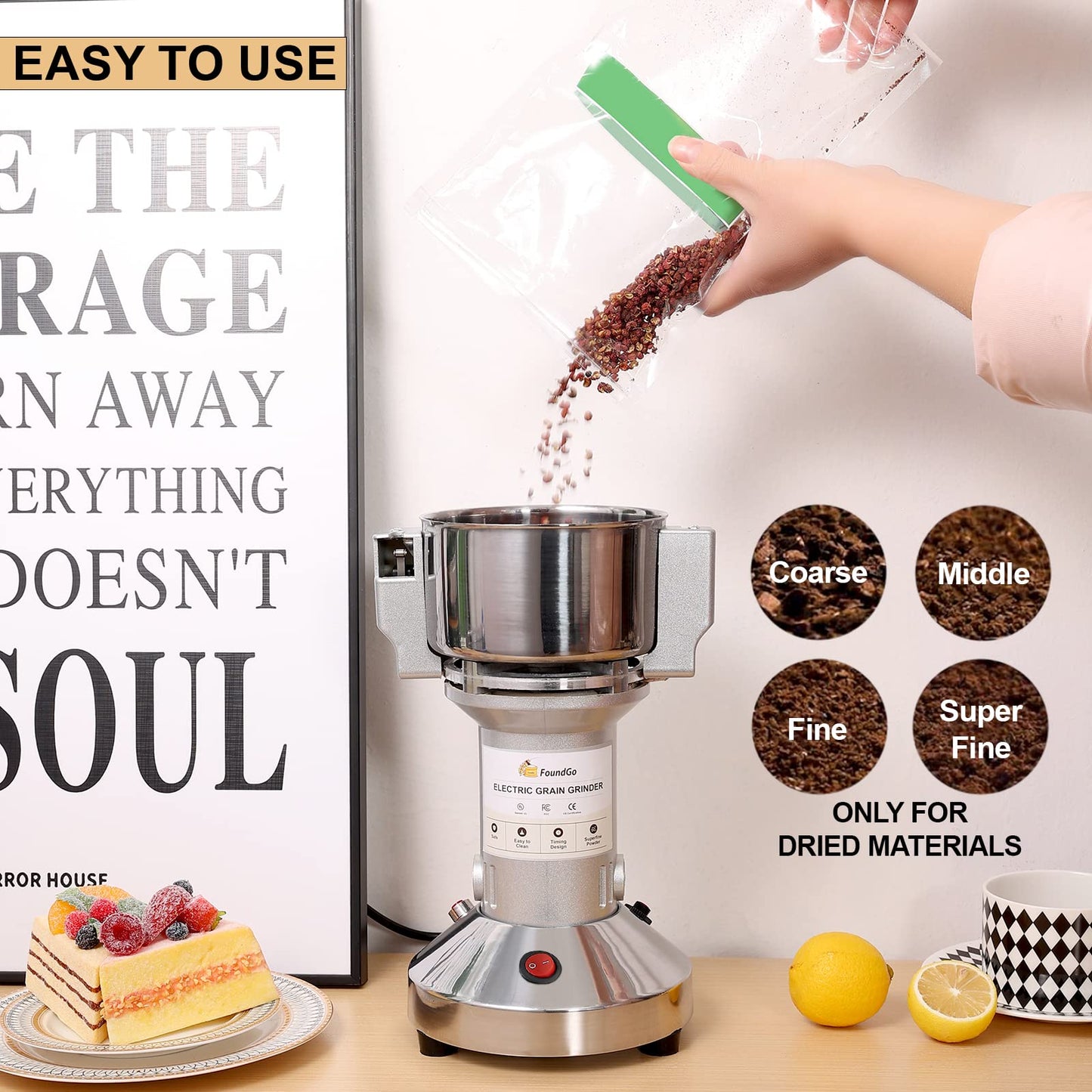 FoundGo 150g Grain Mill Electric Grinder Cereals Pulverizer Spice Grinding Powder Machine Corn Flour Grinders for Dry Spices Seeds Herbs Grains Coffee Rice Pepper, Commercial Grade