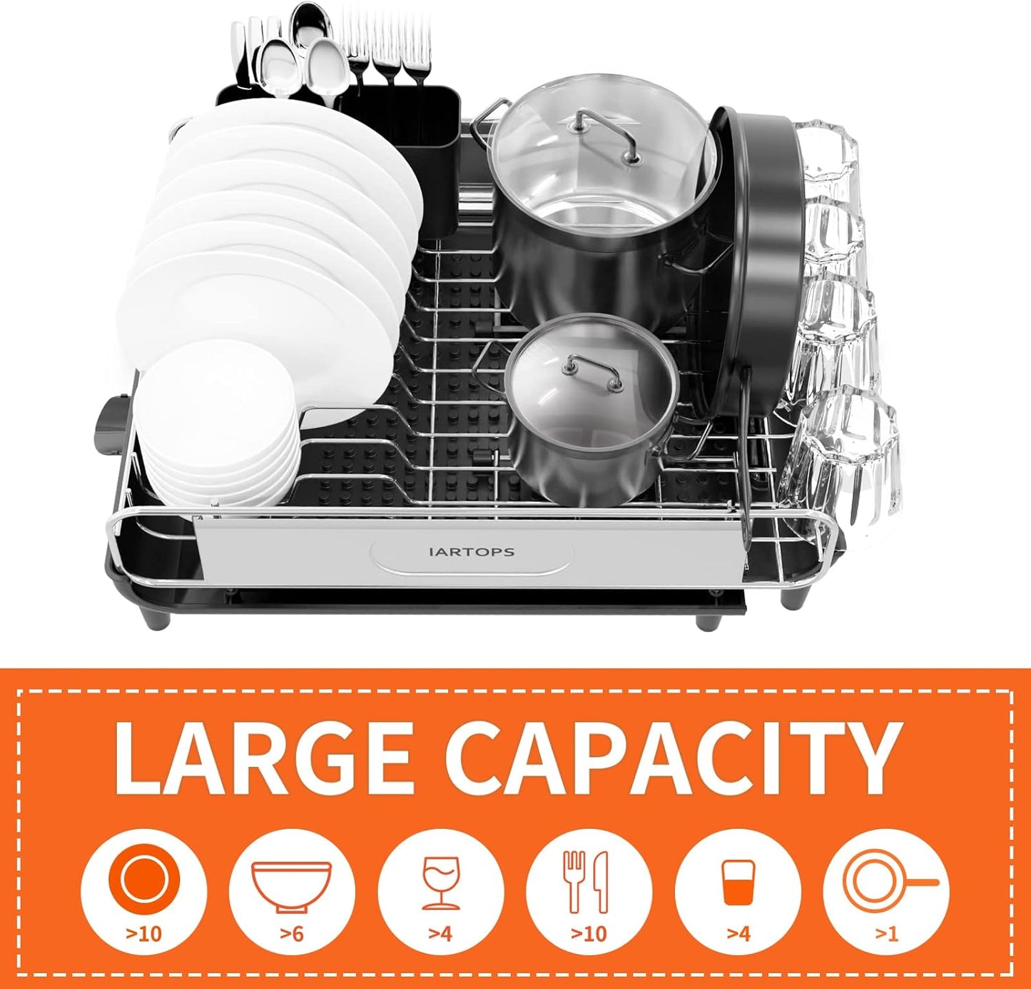 Skiennix Dish Drying Rack - Expandable Stainless Steel Strainer with Drainboard | Large Capacity, Glass & Utensil Holder