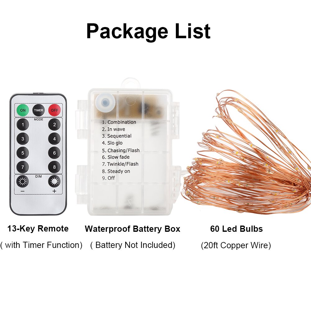 GDEALER 2 Pack 20 Feet 60 Led Fairy Lights Battery Operated with Remote Control Timer, 8 Modes Waterproof Copper Wire Twinkle String Lights for Bedroom Party Indoor- Warm White