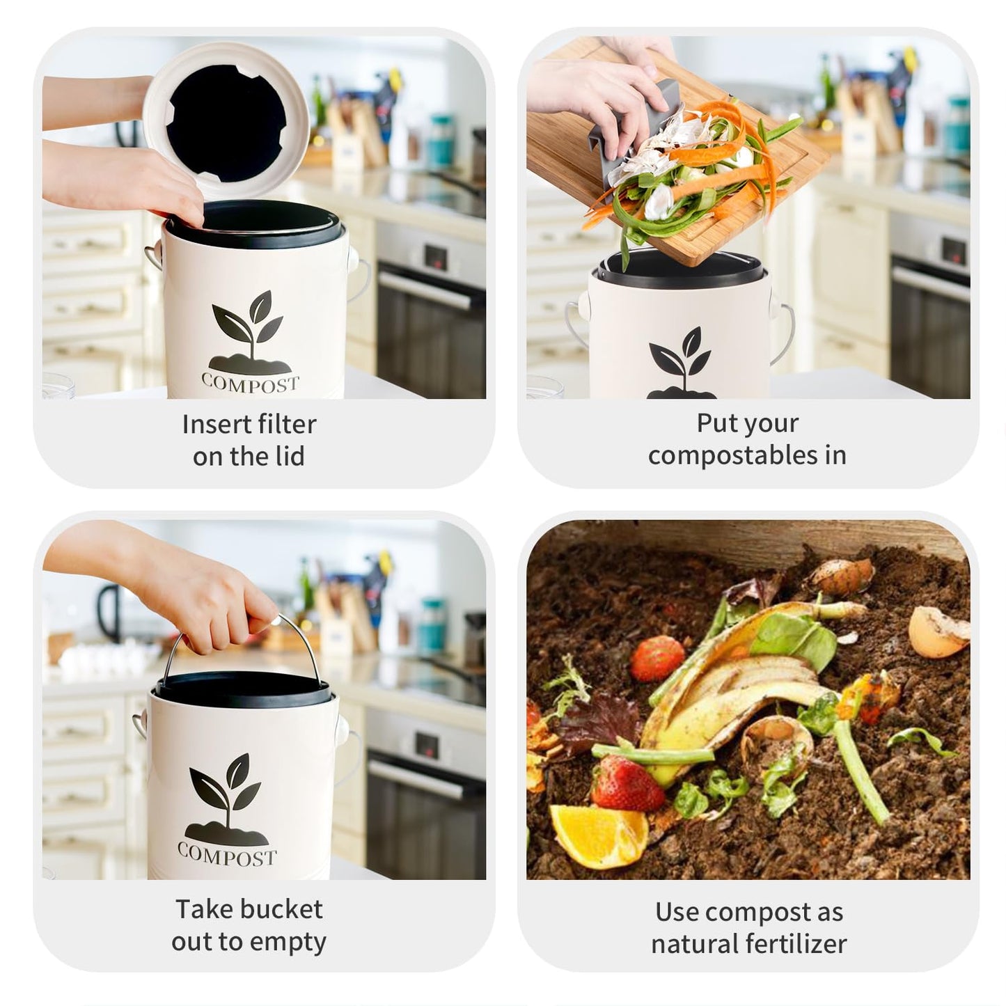 Compost Bin Kitchen Countertop, Indoor Compost Bin with Inner Bucket, 1.15 Gallon Small Compost Bin with Lid, Indoor Composter Bin Counter Compost Pail Food Waste Bin Includes 3PCs Carbon Filter Cream