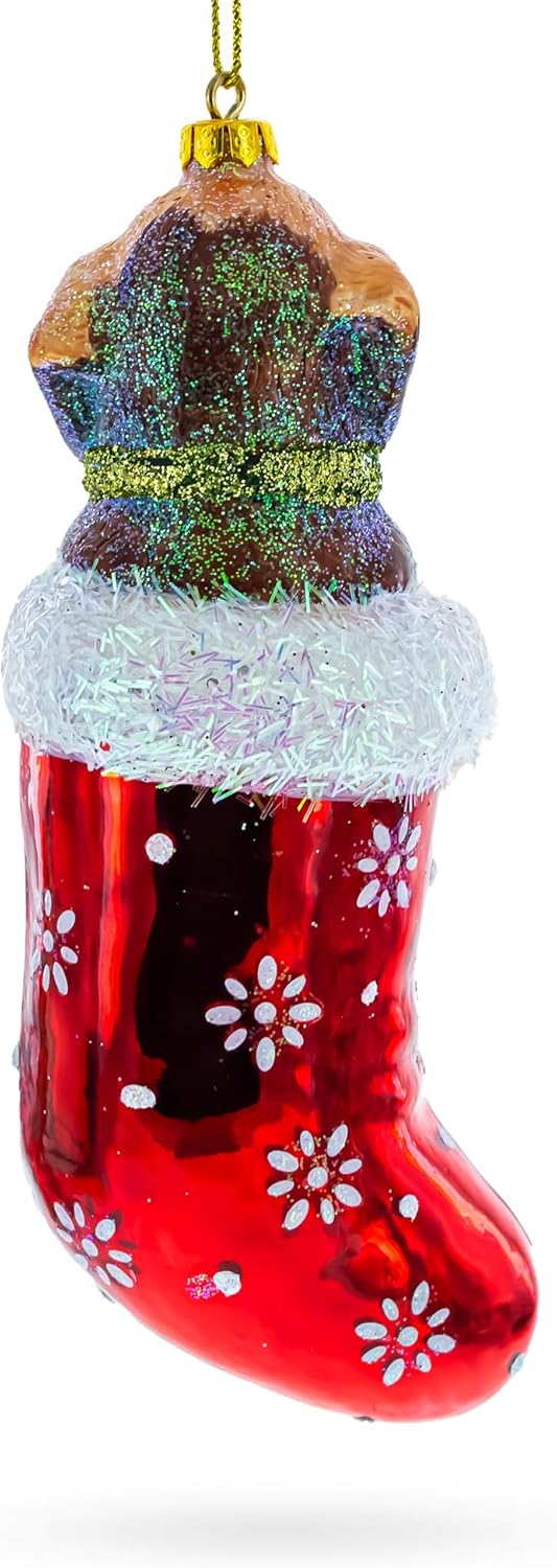 Christmas Ornament - Puppy in Stocking Glass Decoration for Holiday Cheer