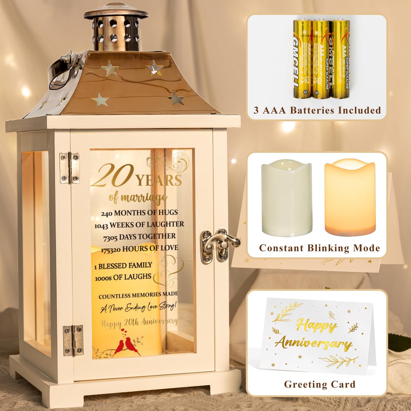 20th Wedding Anniversary Lantern, Happy 20 Years Anniversary Ideas Gift for Parents Couple Friends, Unique Marriage Keepsake Decorations for Wife Husband Him Her