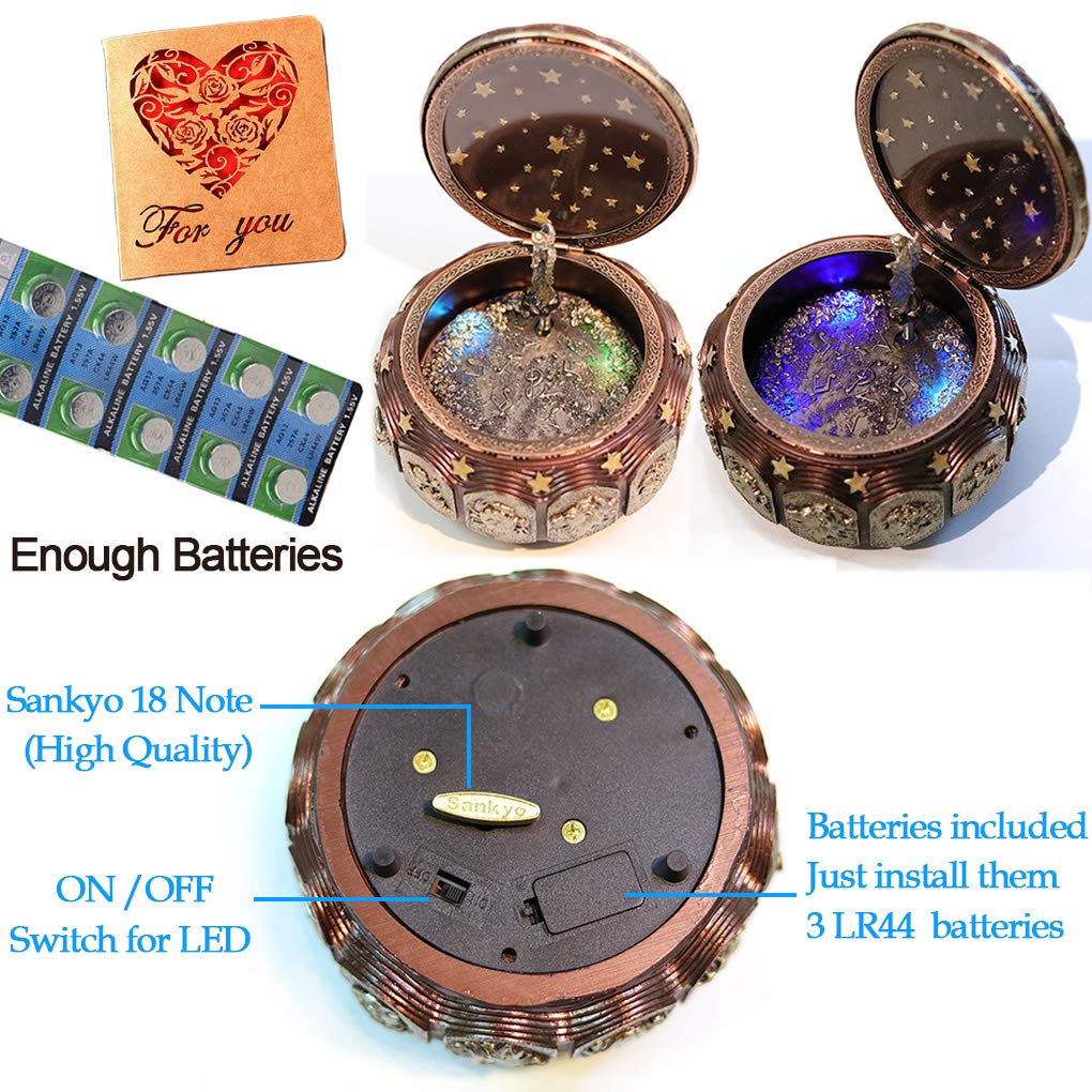 Briskfeel Vintage Music Box with Constellations Rotating Goddess LED Lights Twinkling Resin Carved Mechanism Musical Box with Sankyo 18-Note Wind Up Signs of The Zodiac Gift for Birthday (A1 Vintage)