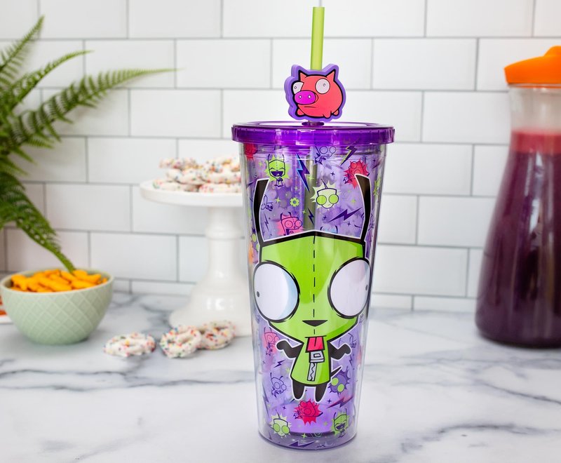 Silver Buffalo Invader Zim Gir Pattern Plastic Cold Cup with Lid and Straw Topper, 24 Ounces