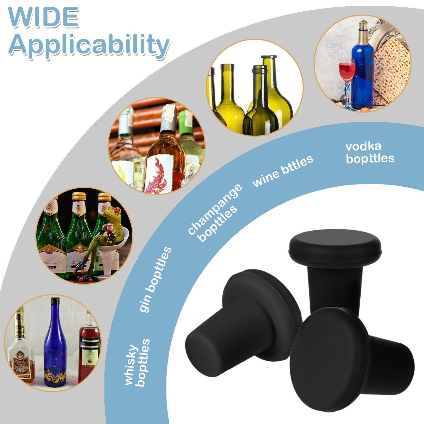 Yookeer 8 Pcs Wine Stoppers Silicone Beer Bottle Sealer Stoppers Glass Bottles Corks Beverage Beer Champagne Wine Storage Keep Fresh Tools for Wedding Party Christmas Supplies(Black)