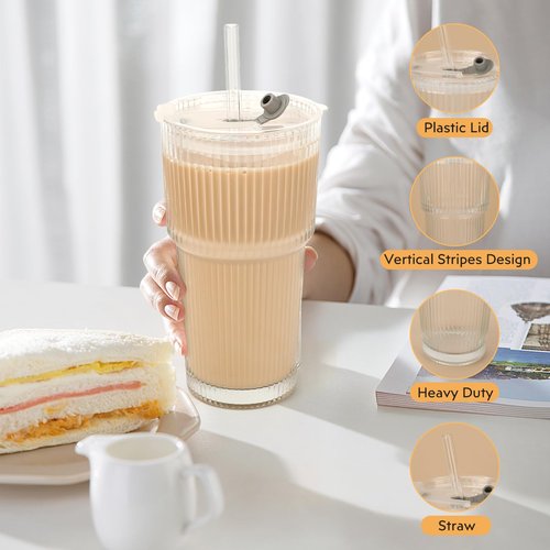 AiMQnLe 20 OZ Iced Coffee Cup With Lids and Straws,Vintage Glass Tumbler, Ribbed Glassware for Whiskey Cocktail Beer, Drinking Glasses