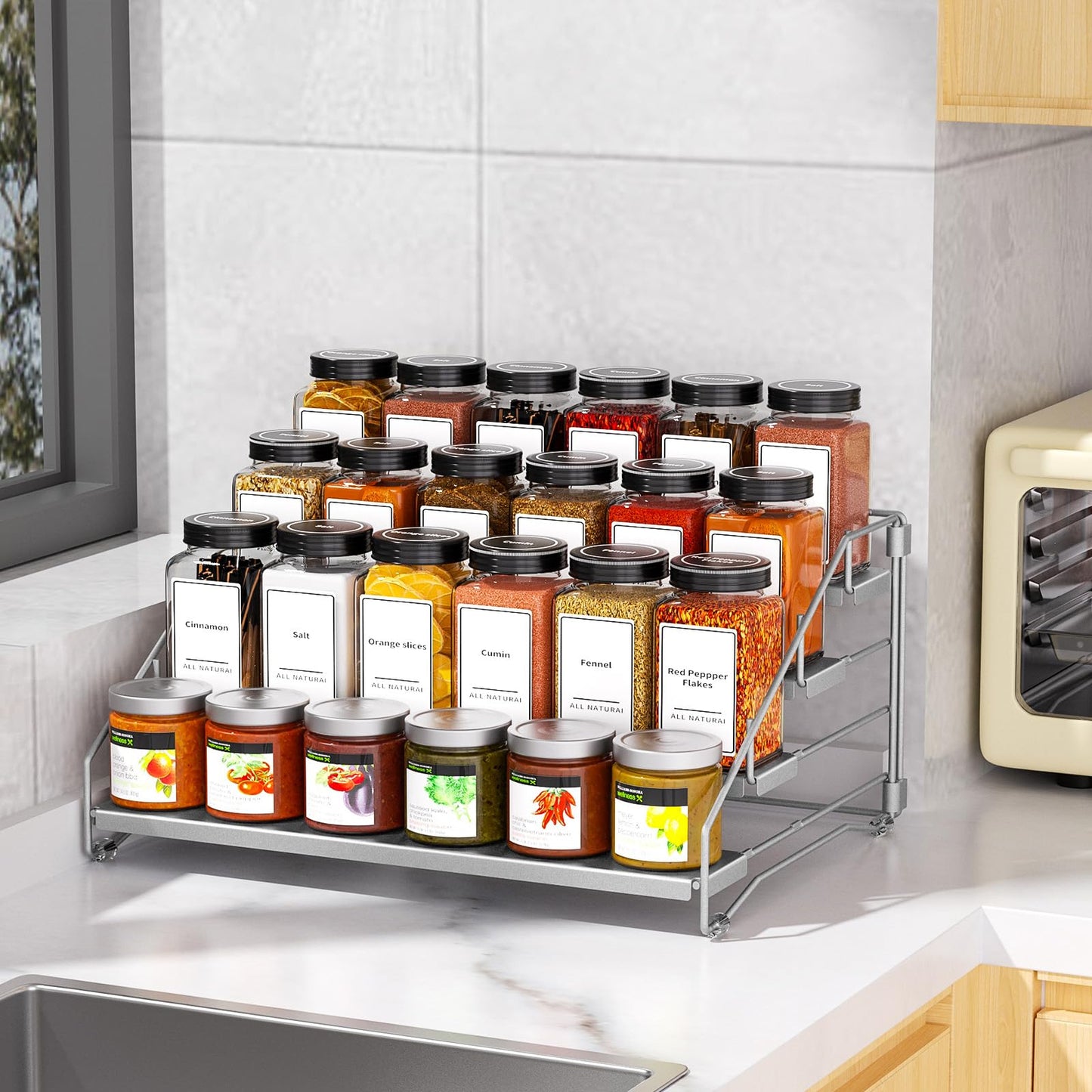 BOIVSHI 4 Tier Spice Rack for Cabinet, Spice Rack Organizer, Depth Adjustable Spice Organizer for Countertop, Cupboard, Pantry, Seasoning Shelf, Metal, Gray (1 Pack)