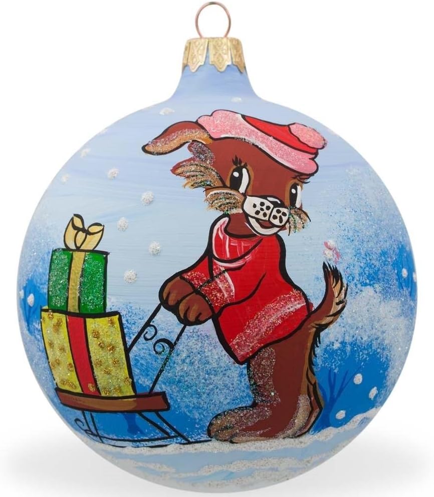 Dog Sleigh Christmas Ornament - 3.25 Inch Glass Ball Holiday Decor