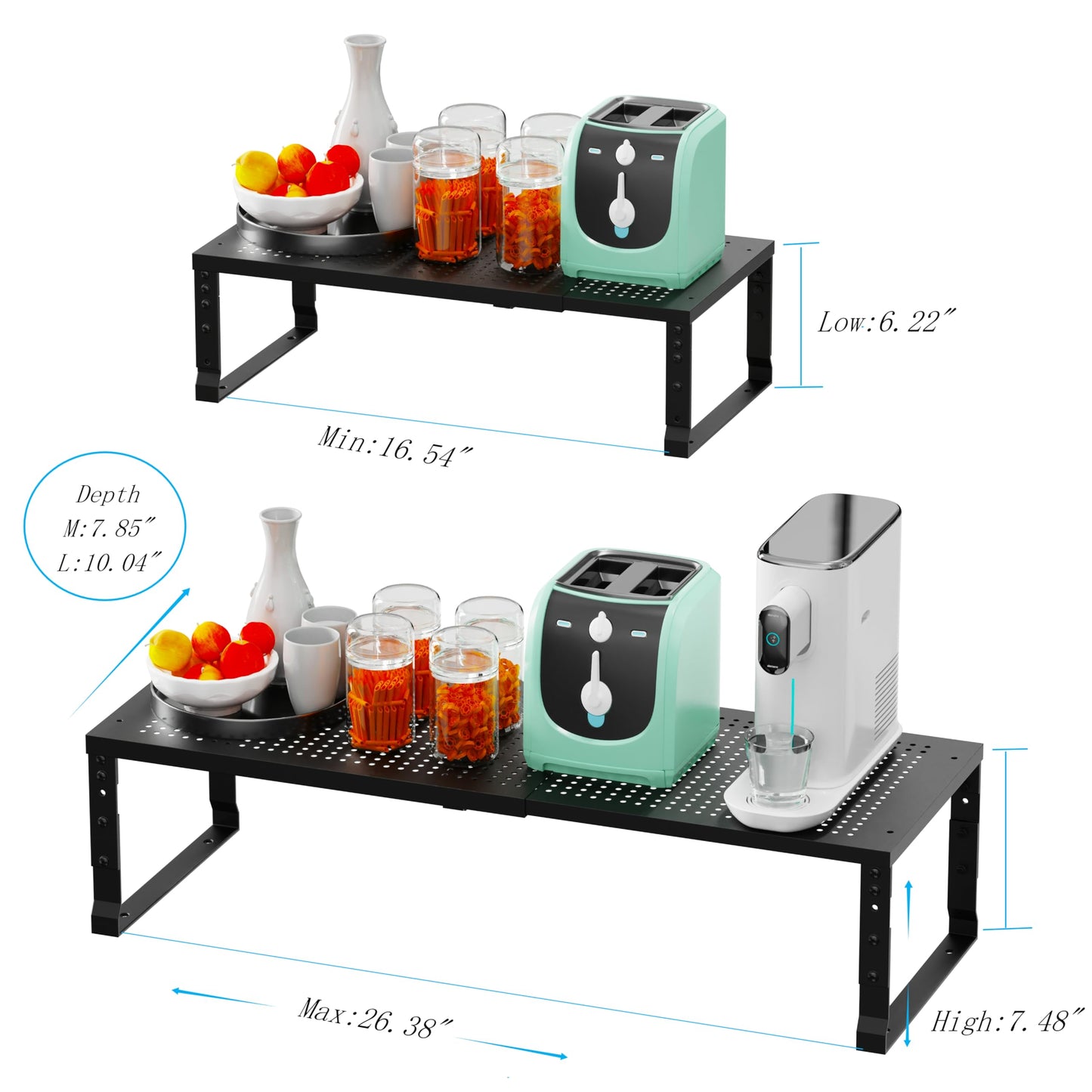 Wobmmi Expandable Spice Rack Kitchen Cabinet Shelf Organizer, Stackable Storage Shelves Racks, Adjustable Counter Shelving for Cabinets, Countertop, Cupboard,Pantry and More(2Packs/Black/Large)