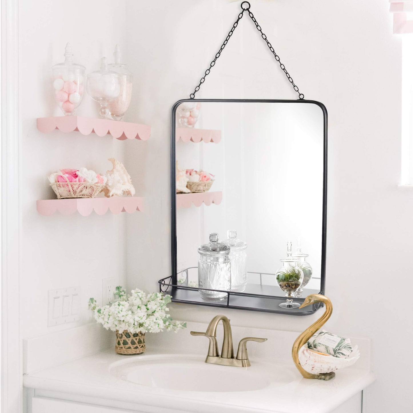 Stonebriar 21" x 16" Rectangle Black Metal Wall Mirror with Hanging Chain and Shelf, Decorative Industrial Decor for the Living Room, Bedroom, Bathroom, Hallway, and Entryway