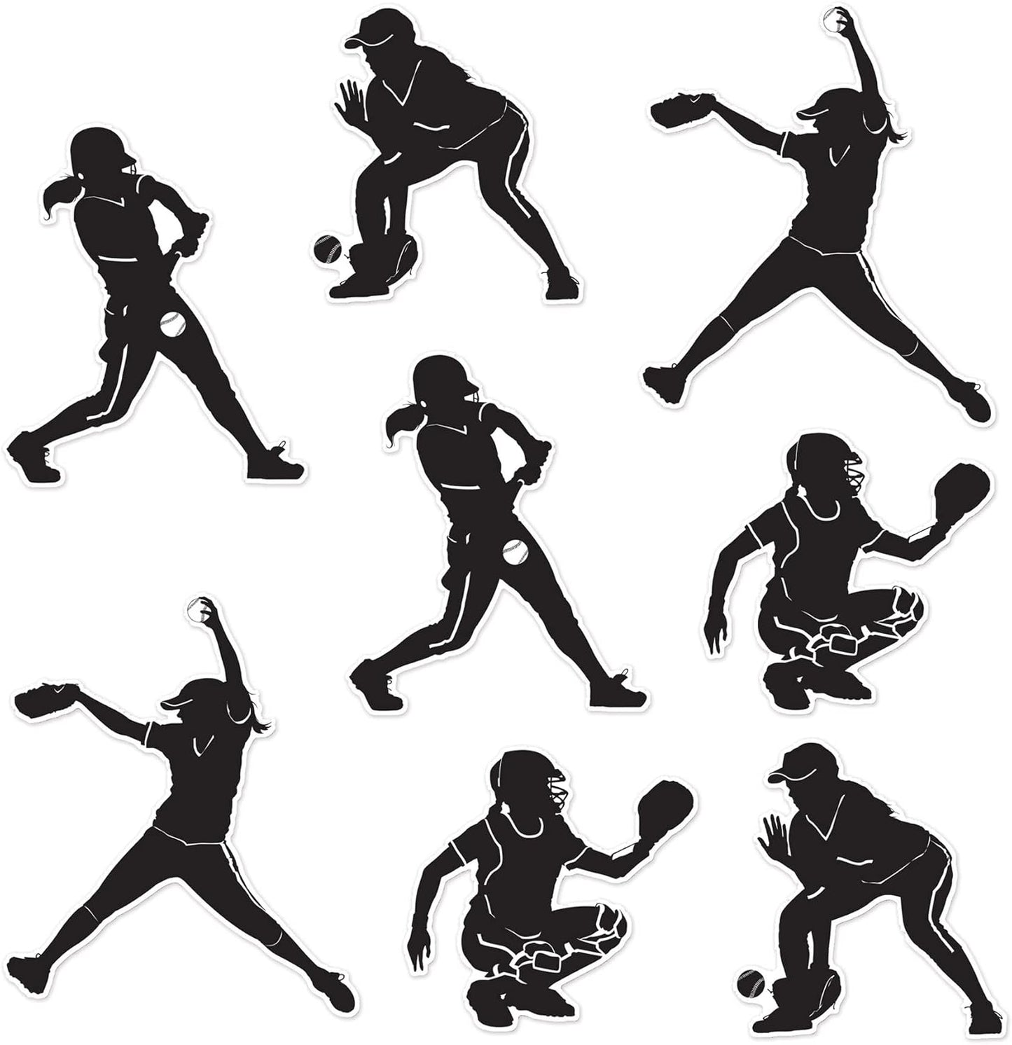 Softball Silhouettes Set - 8 Pieces, 9" to 12.5", Black & White Decor