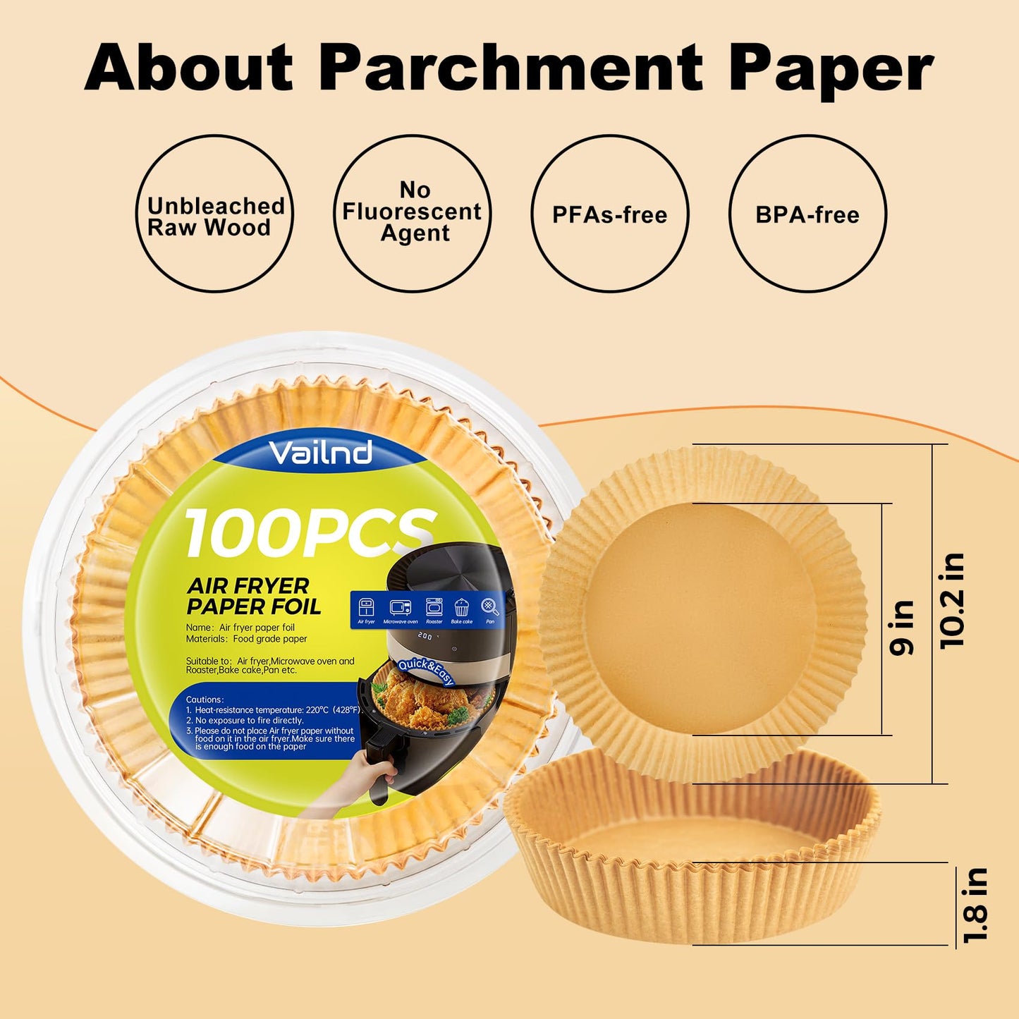 Vailnd Disposable Air Fryer Paper Liners, 9 Inch Max Xl Large Cooker Airfryer Parchment Paper Liners, 100Pcs Oil Proof Round Basket Bowl Liner Baking Paper for 8-12 QT Air Fryer Microwave