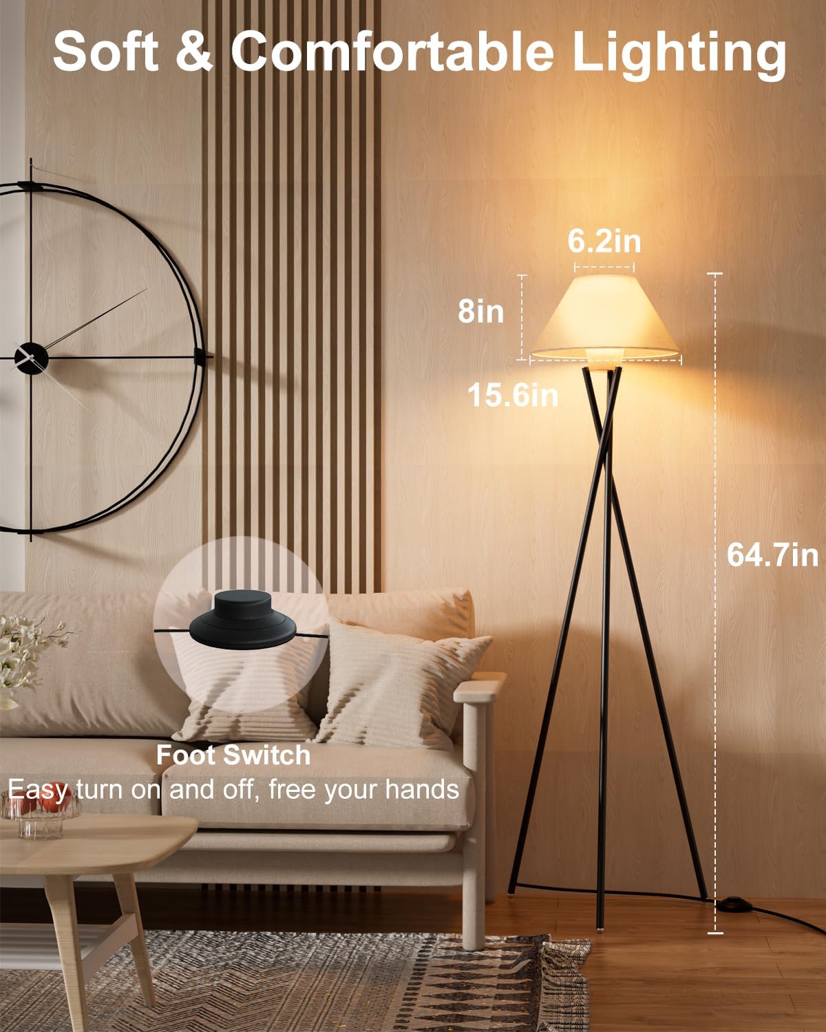 Tripod Floor Lamp, Black Standing Lamps with E26 Bulb Included, Mid Century Modern Tall Lamps for Living Room Bedroom Home Decor