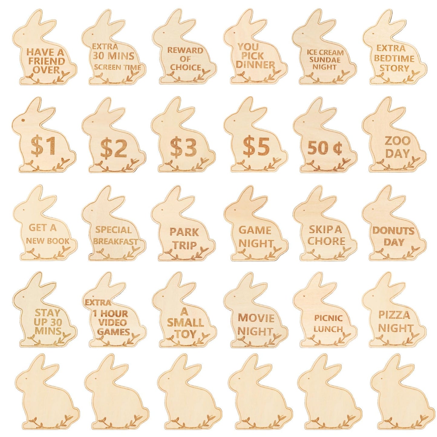 CypherX Easter Egg Fillers- Wood Easter Reward Tokens, Easter Prizes Stuffers Coins, Family Night Tokens, 24 Redeemable Tokens+6 Blank DIY Tokens, Unique Family Easter Egg Hunt Activities- Bunny