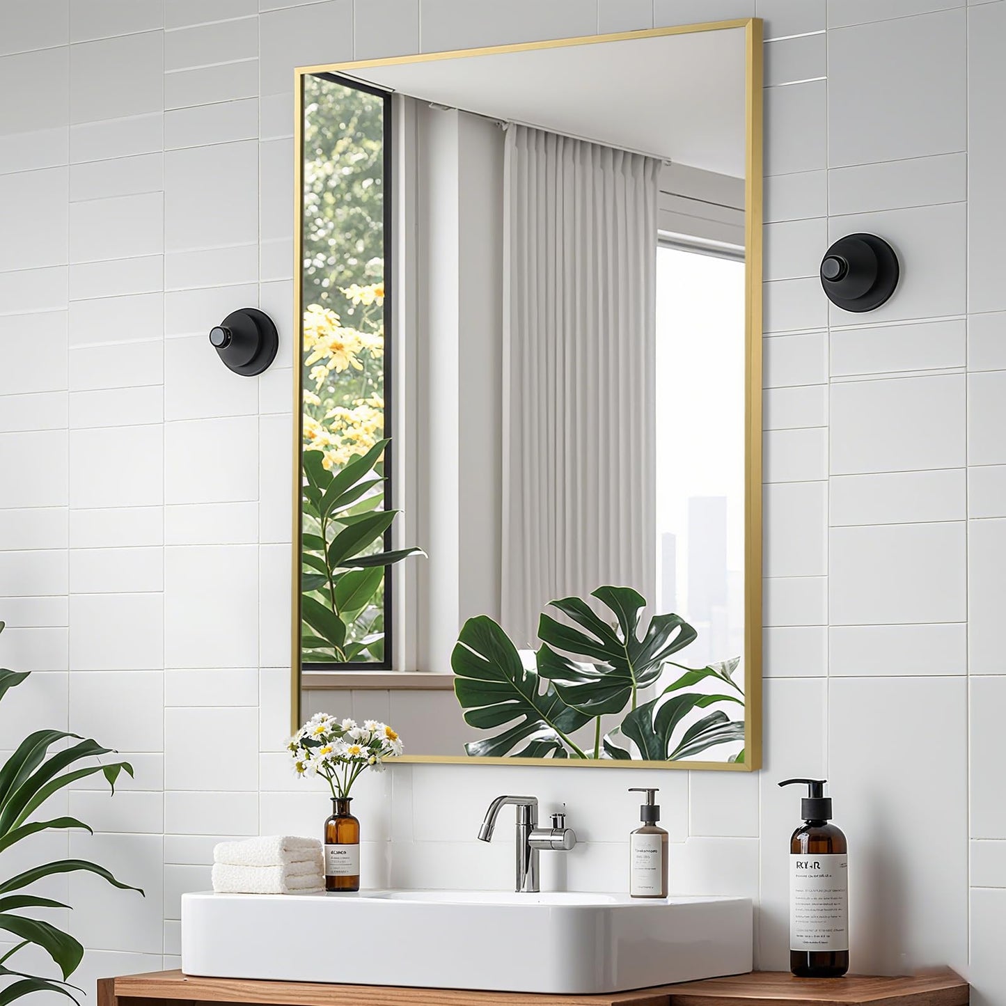 CLBA Brushed Gold Mirror, 30x36 Inch Aluminum Framed Square Corner Wall Mirror for Over Sink, Vanity, Horizontal/Vertical