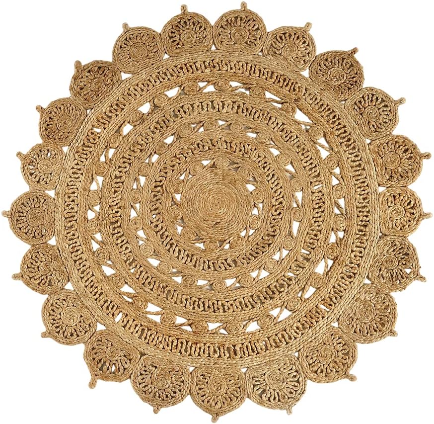 GRUHUM Handwoven Jute Area Rug 4 feet Round Natural Fiber Boho Soft Braided Rustic Vintage Beige Reversible EcoFriendly Rugs Farmhouse Indoor Kitchen Bedroom Living Room Hallways (4'Round)