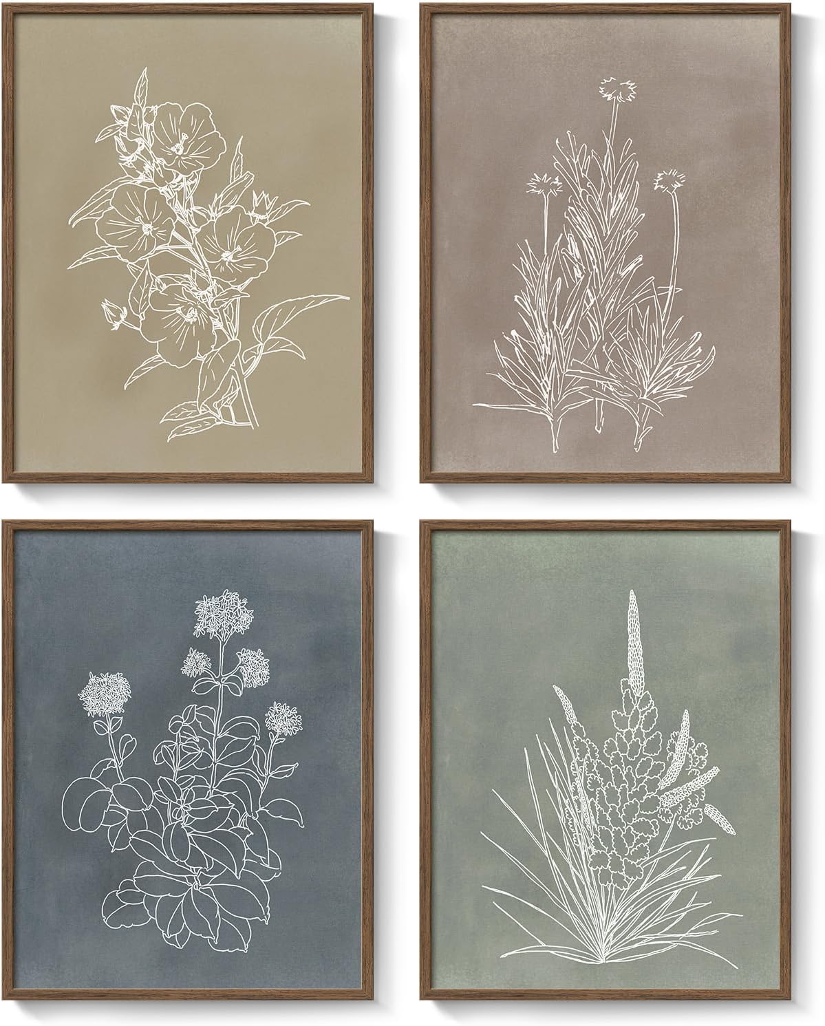 Skiennix Framed Boho Botanical Wall Art - 4 Piece Rustic Floral Canvas Prints for Modern Decor