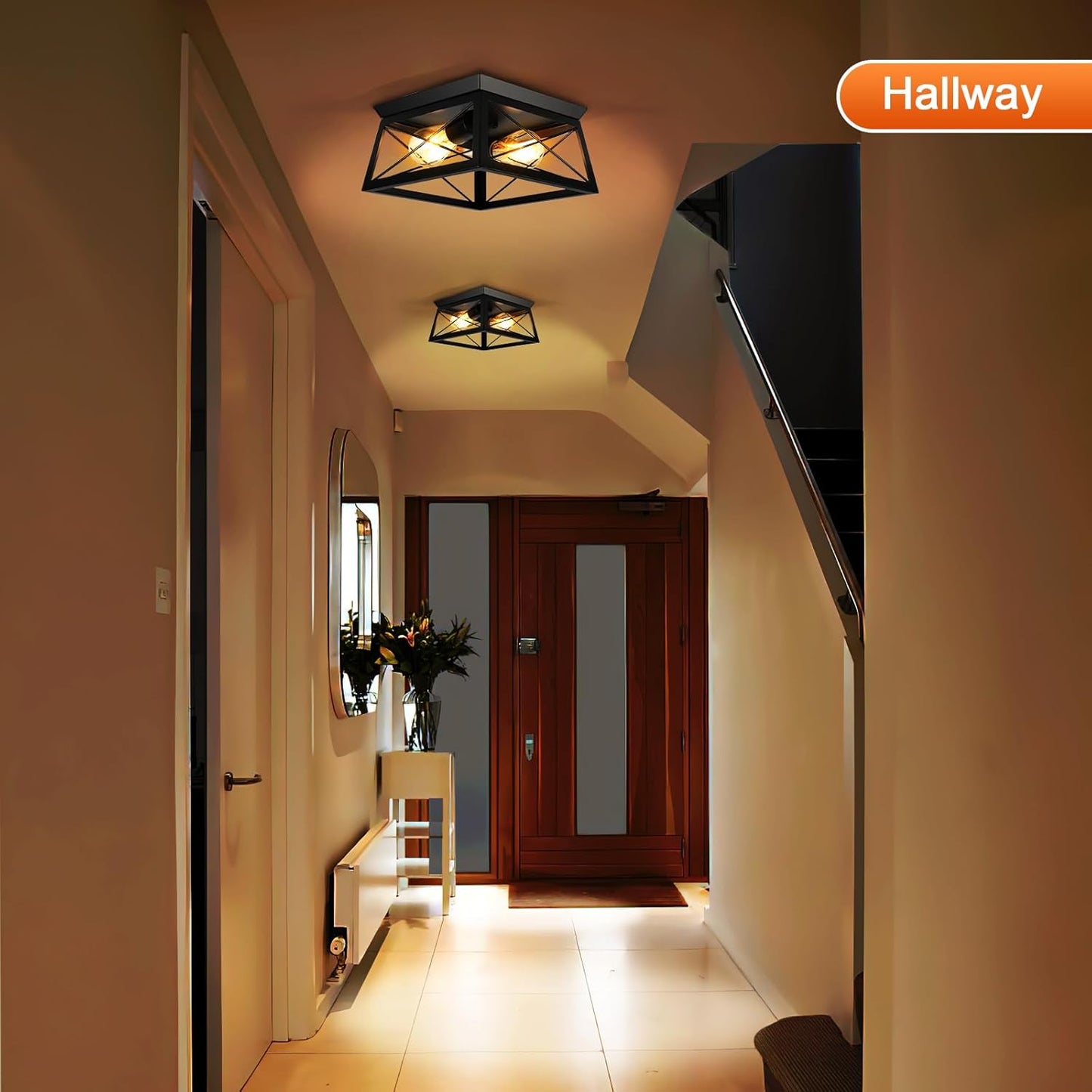 Farmhouse Flush Mount Ceiling Light Oak White Ceiling Light Fixtures 2-Light Industrial Vintage Metal-Framed Ceiling Lighting for Hallway Foyer Kitchen Dining Room Bedroom Living Room Laundry