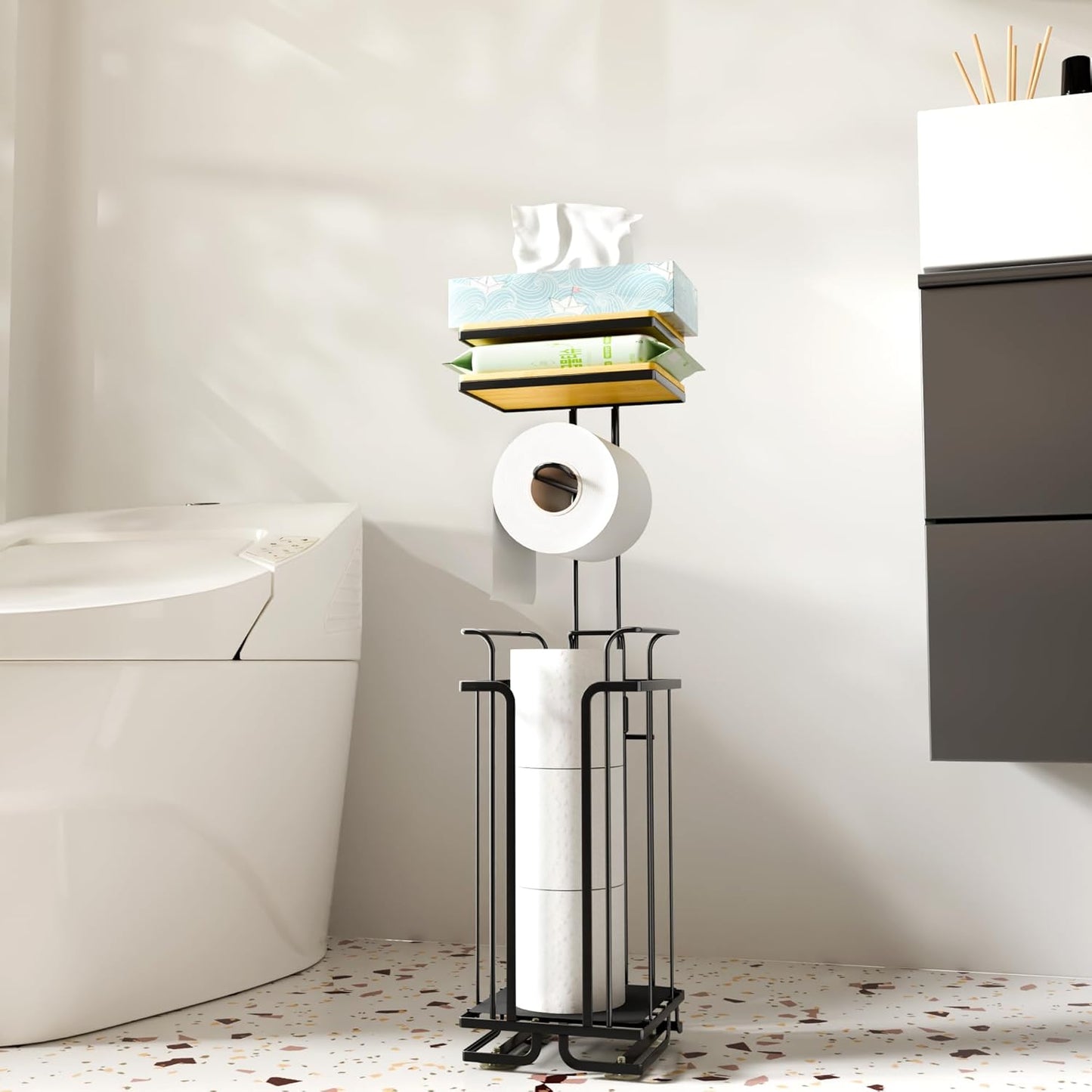Skiennix Free Standing Toilet Paper Holder - Rustproof Metal Stand with Shelf for 4 Rolls | Black