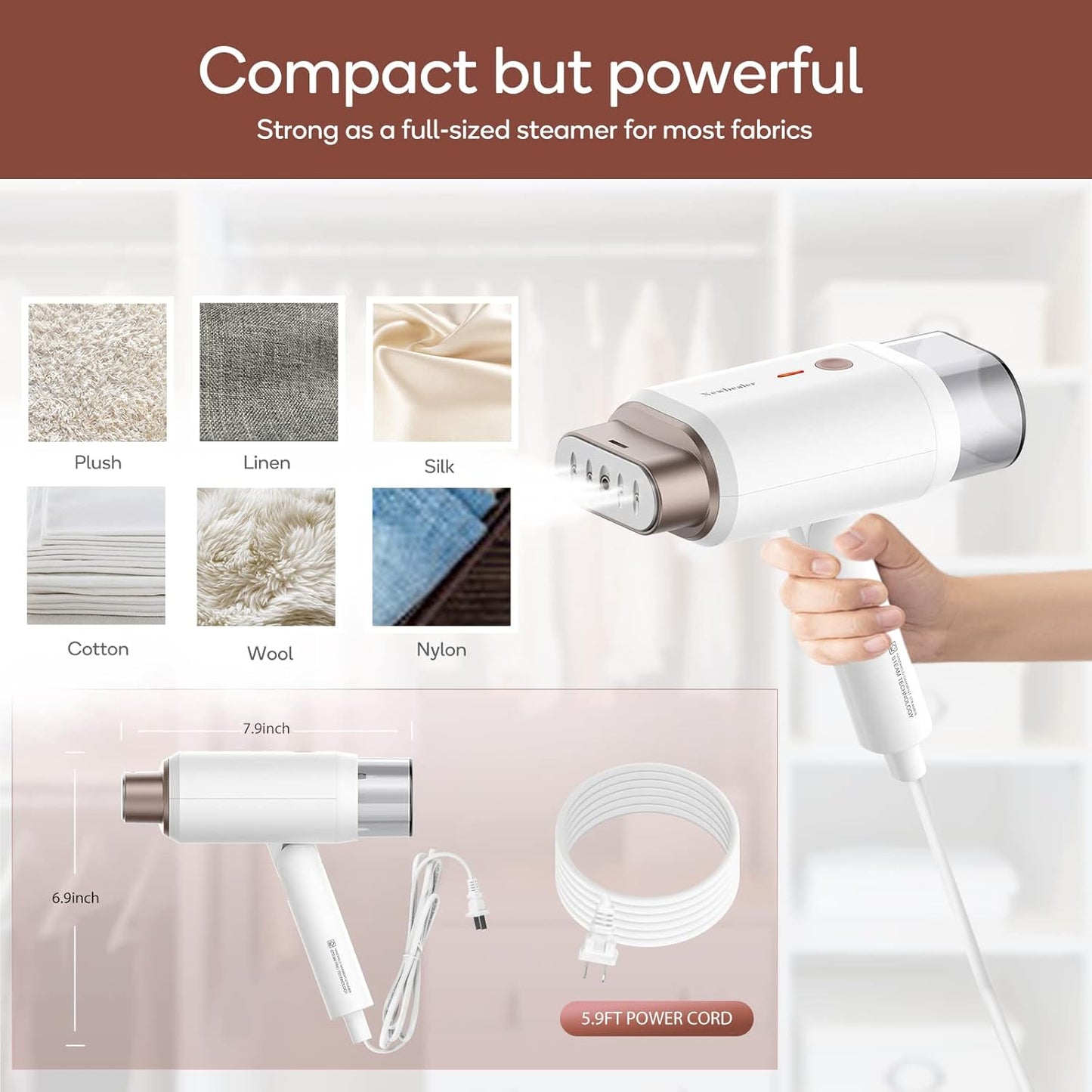 Newbealer Handheld Clothes Steamer - 1200W Travel Steamer with Dual Steam Levels | Lightweight & Foldable, 180ml Capacity