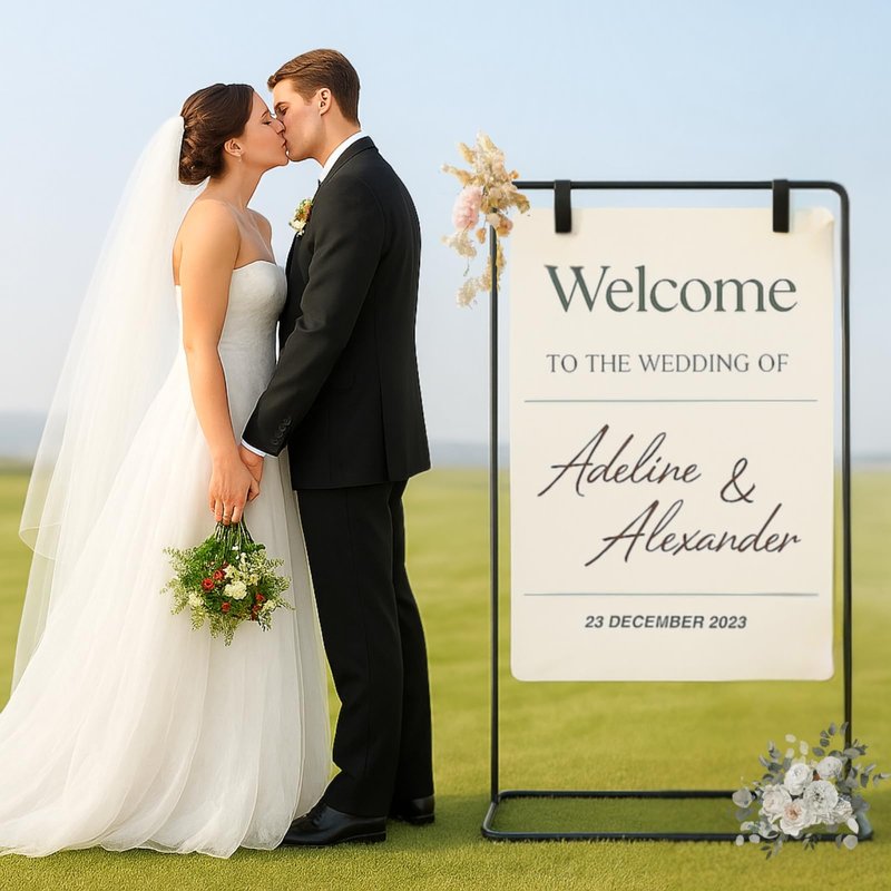 Merrifete Welcome Sign Stand, Adjustable Sign Holder Stand w/ Poster Design Templates & Leather Straps, Heavy Duty Metal Easel for Wedding, Bridal Shower, Birthday Party, Baby Shower, 68" x 30" x 20"