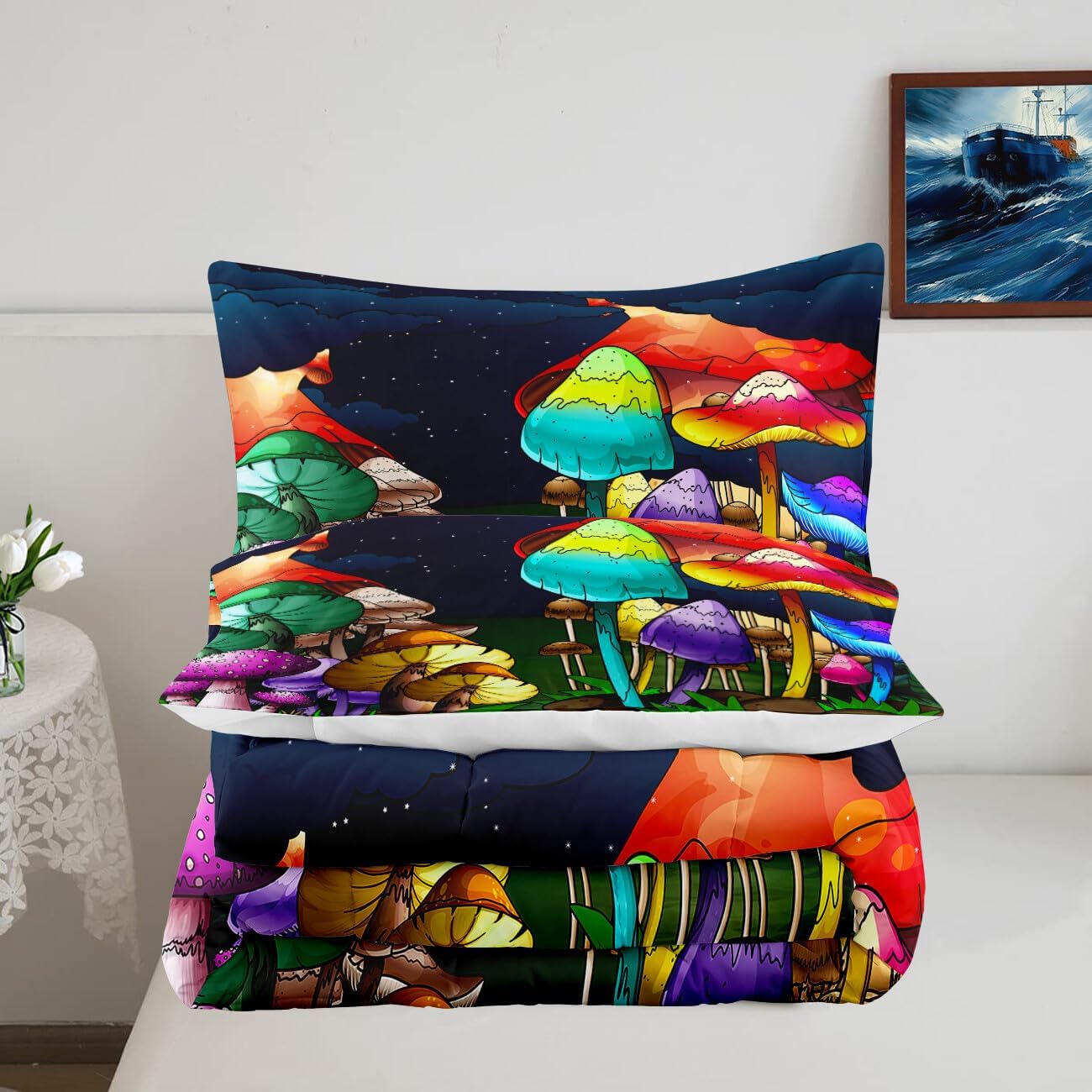 Cute Cartoon Dinosaur Bedding Set, Ultra Soft Full Size Comforter Set for Boys, Lovely Dinosaur Printed Comforter for Kids Teens, Dark Blue Microfiber Quilt for All Season 3Pcs with Pillowcases