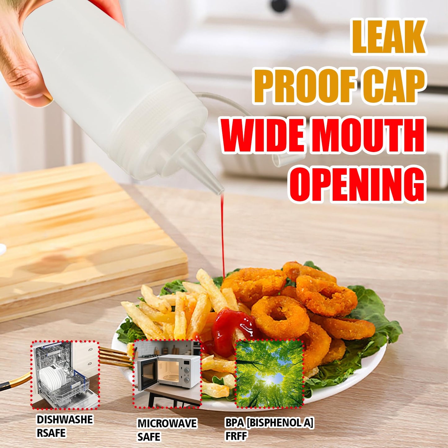 WELKOR Squeeze Bottles for Sauces,Leak-Proof Condiment Dispenser, BPA-Free Kitchen Restaurant Squeeze Bottle Set with Wide Mouth for Ketchup, Mustard,Syrup,Dressings (White, 2Pack-16oz(400ml))