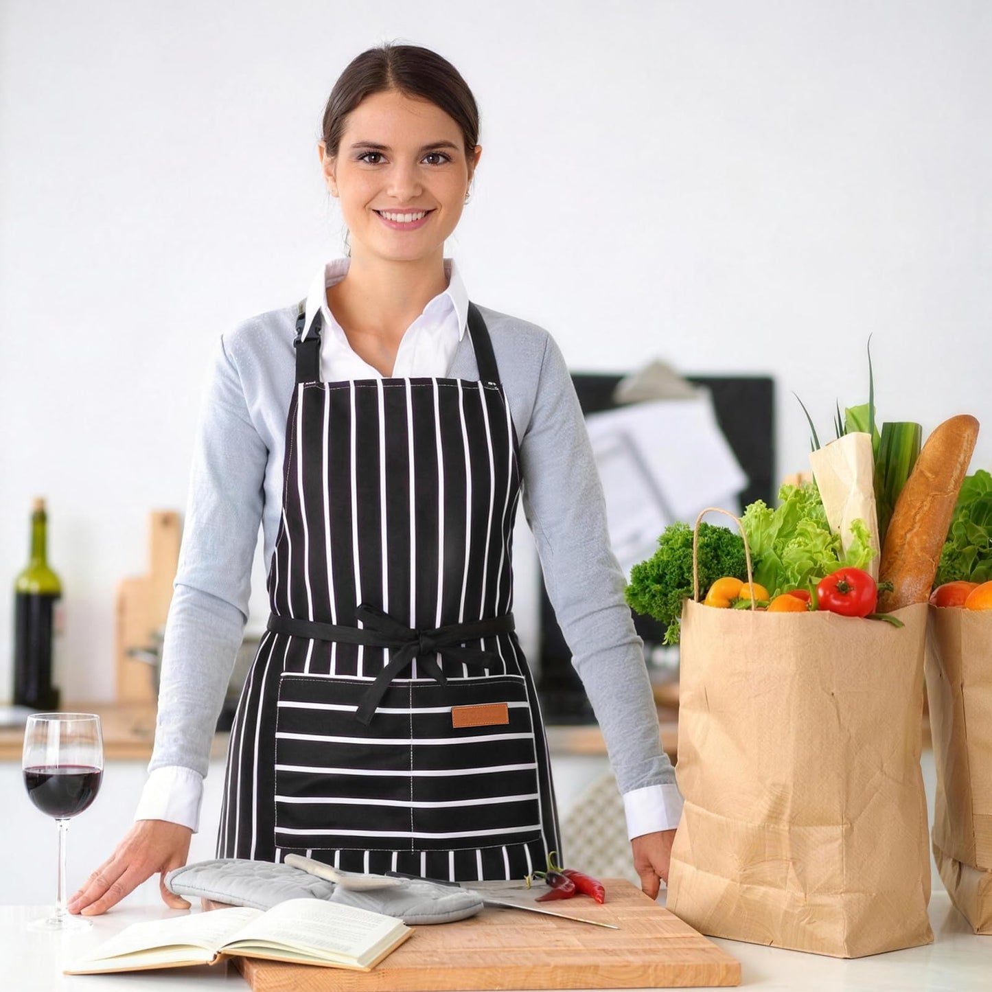XLSXEXCL Kitchen Cooking Aprons Double Sided Adjustable Bib Chef Apron with 2 Pockets for Women Men Gardening Cooking Art Painting